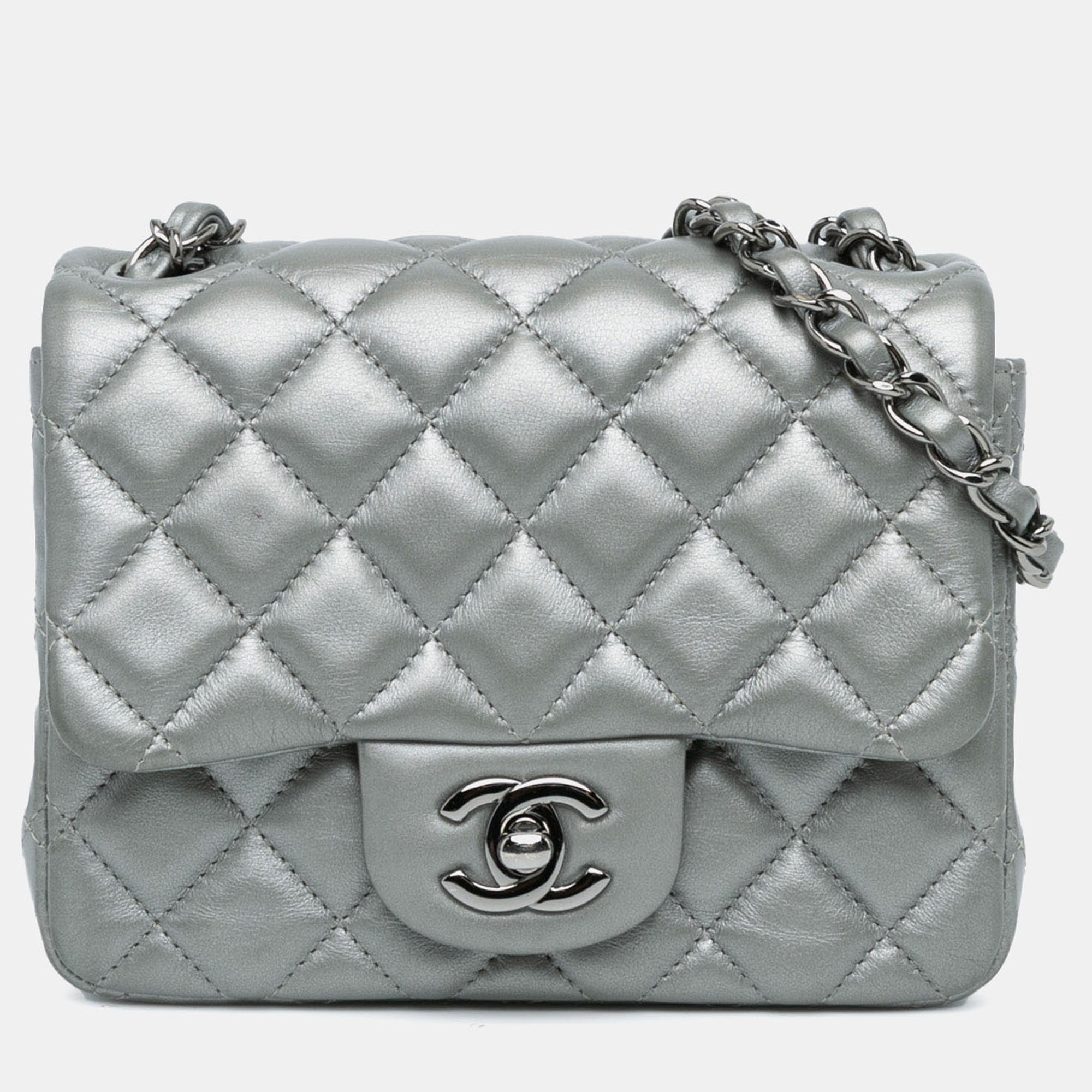 

Chanel Silver Mini Square Classic Calfskin Single Flap