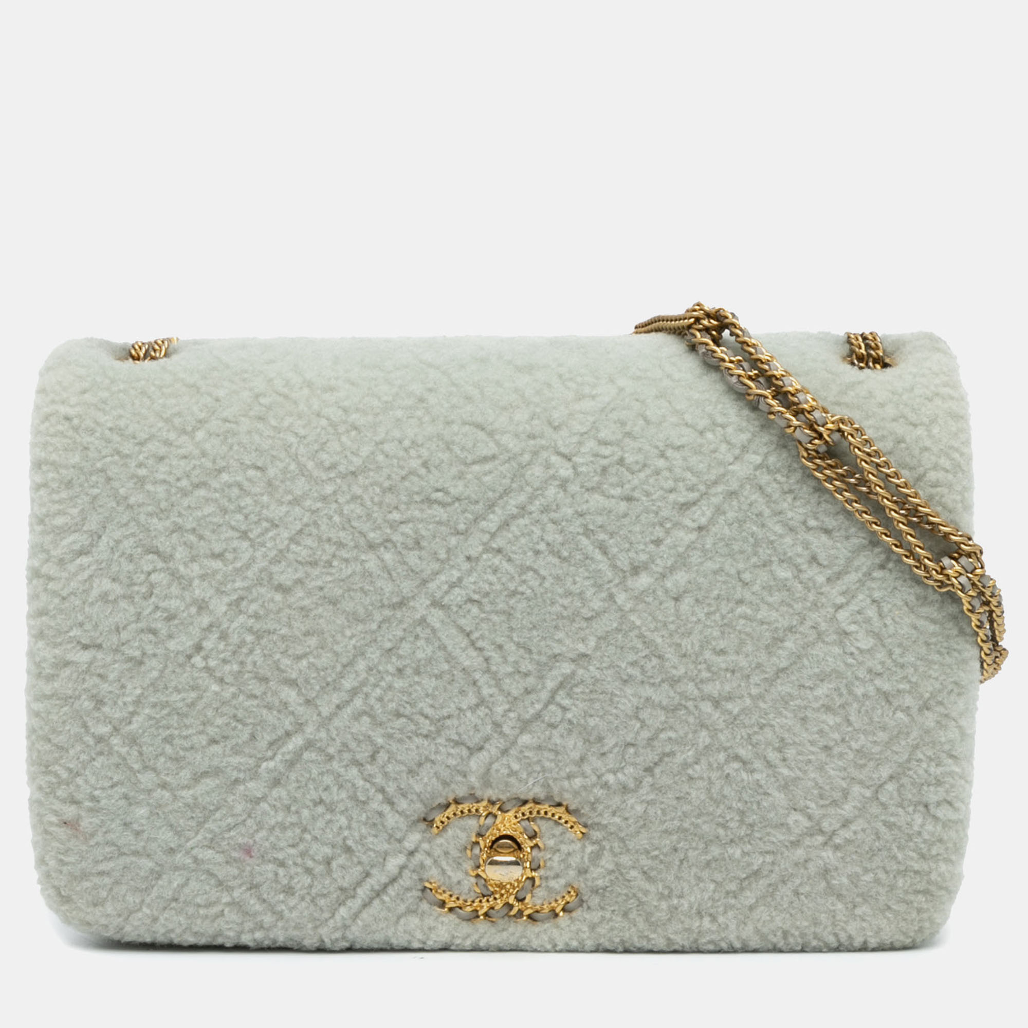 

Chanel Grey Quilted Shearling Chain Flap