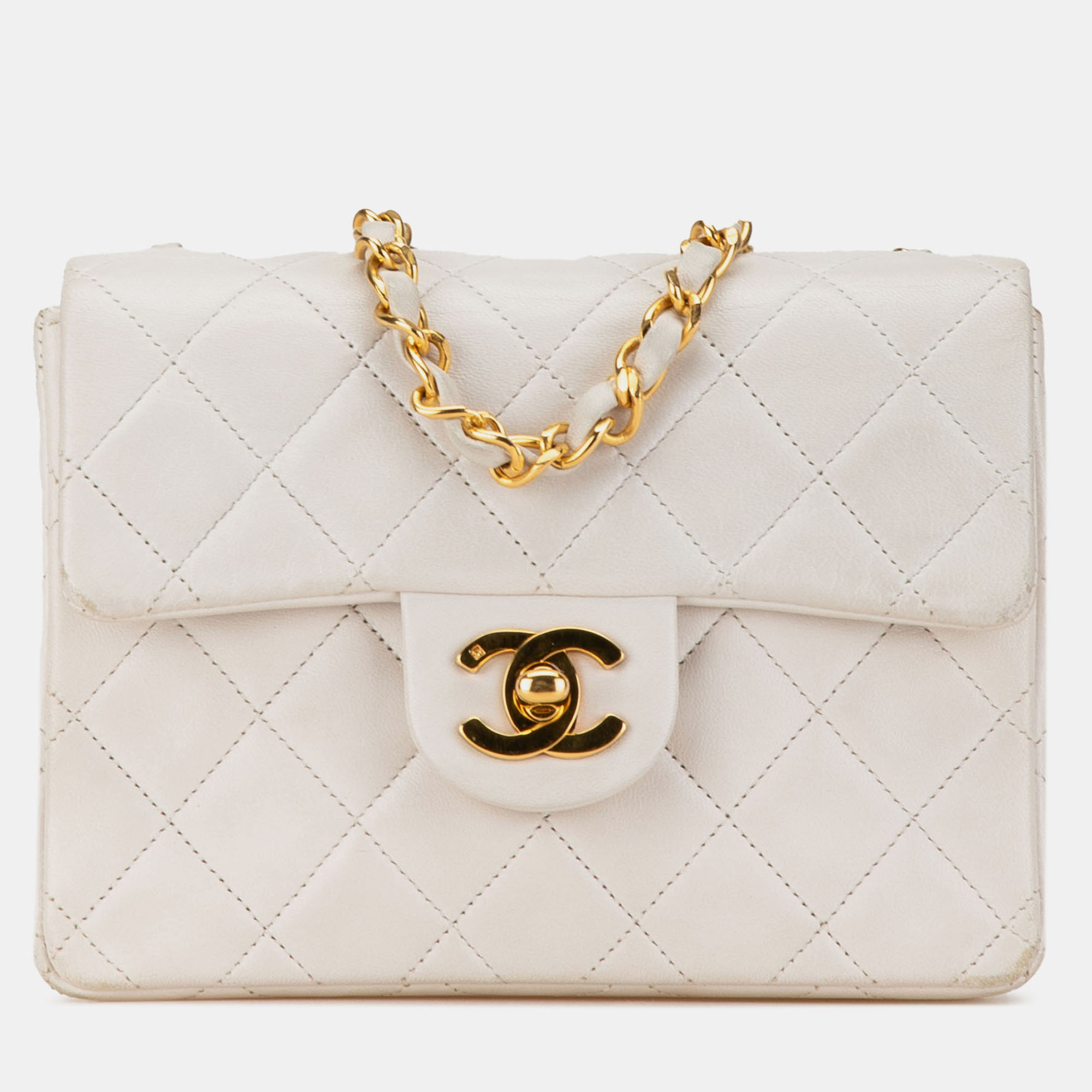 

Chanel White Mini Square Classic Lambskin Single Flap