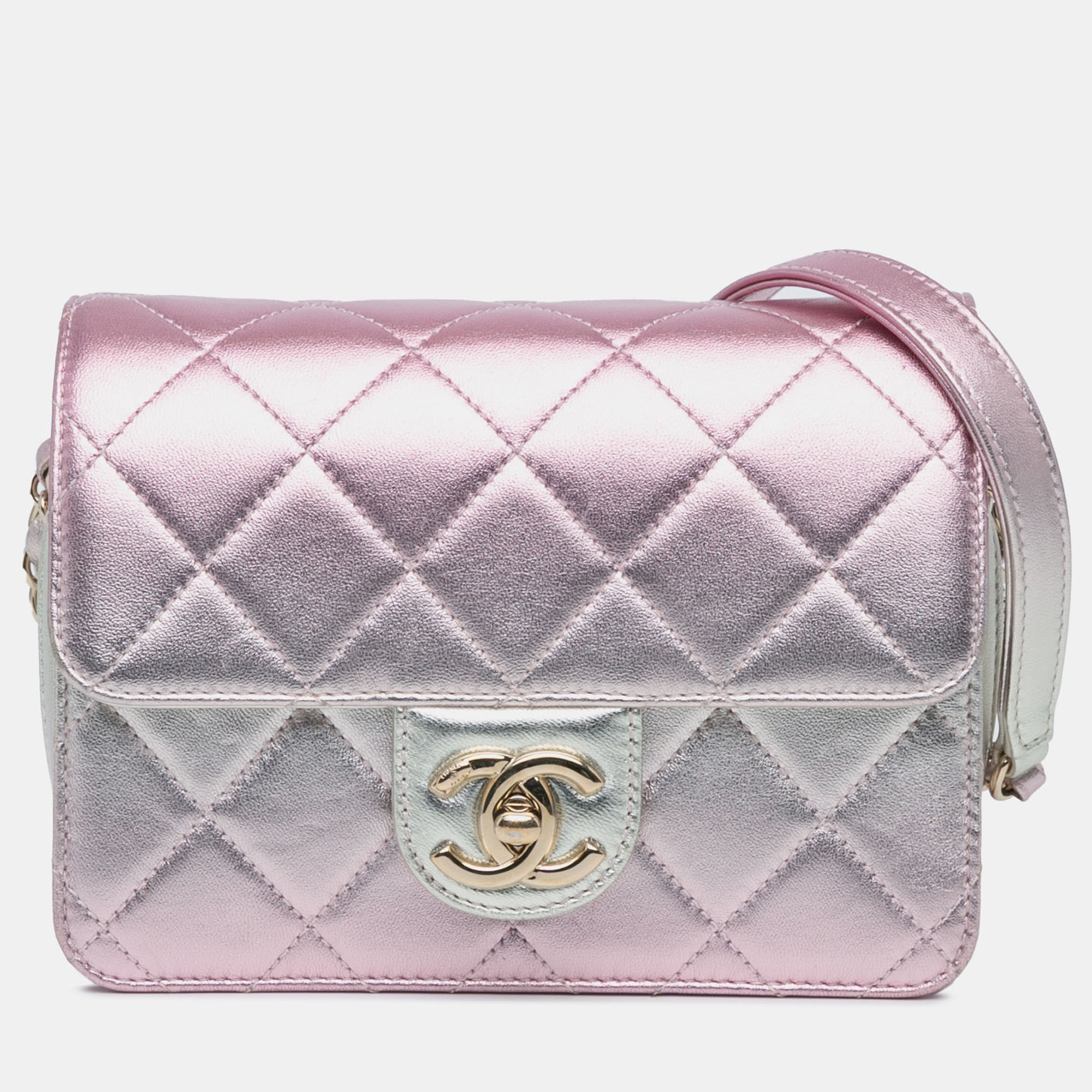 

Chanel Pink Silver Mini Metallic Lambskin Like a Wallet Flap Bag
