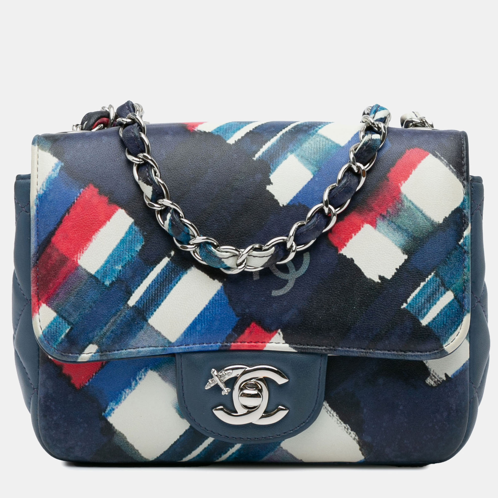 

Chanel Blue Mini Square Classic Airlines Printed Lambskin Single Flap