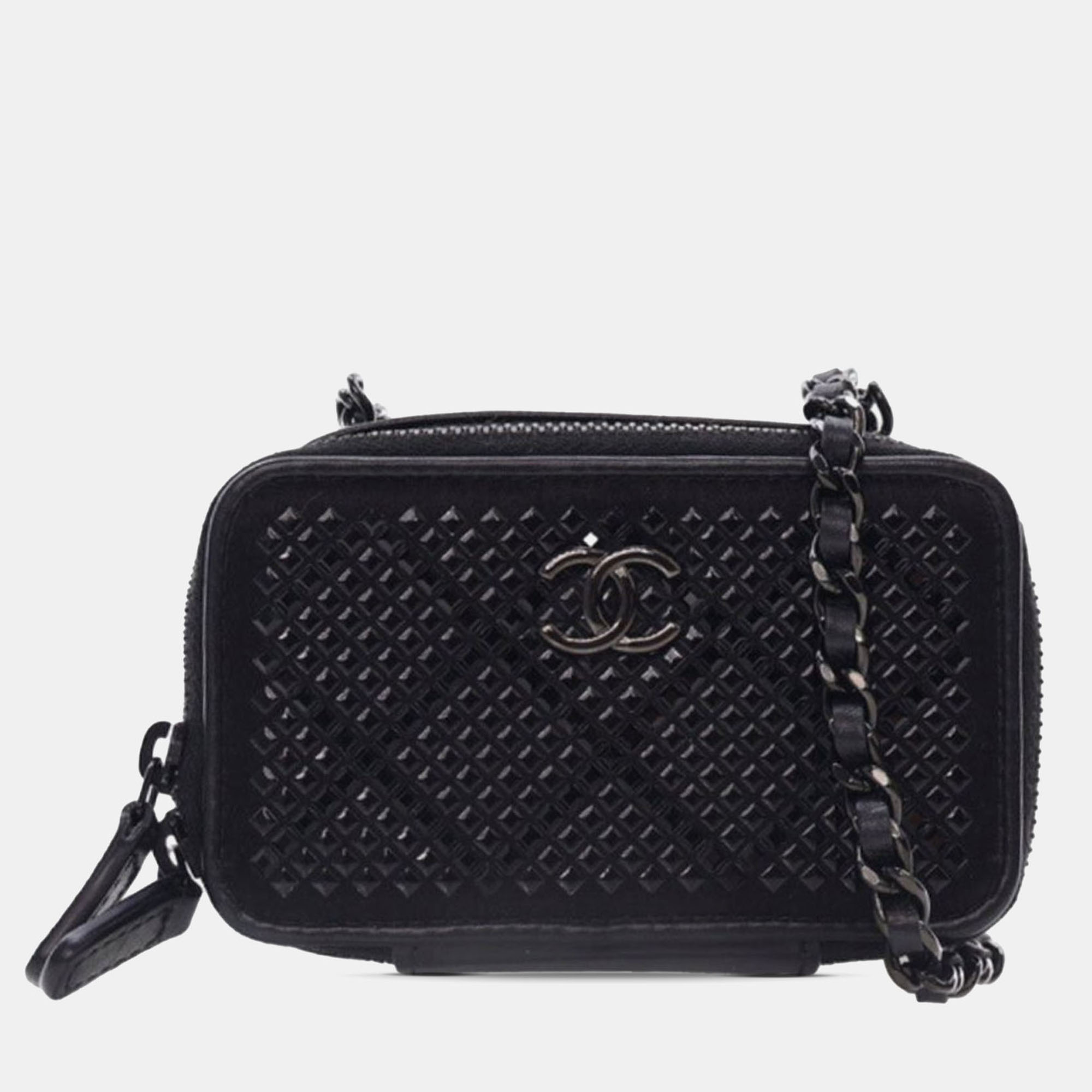 

Chanel Black Lambskin Satin Strass Studded Clutch with Chain