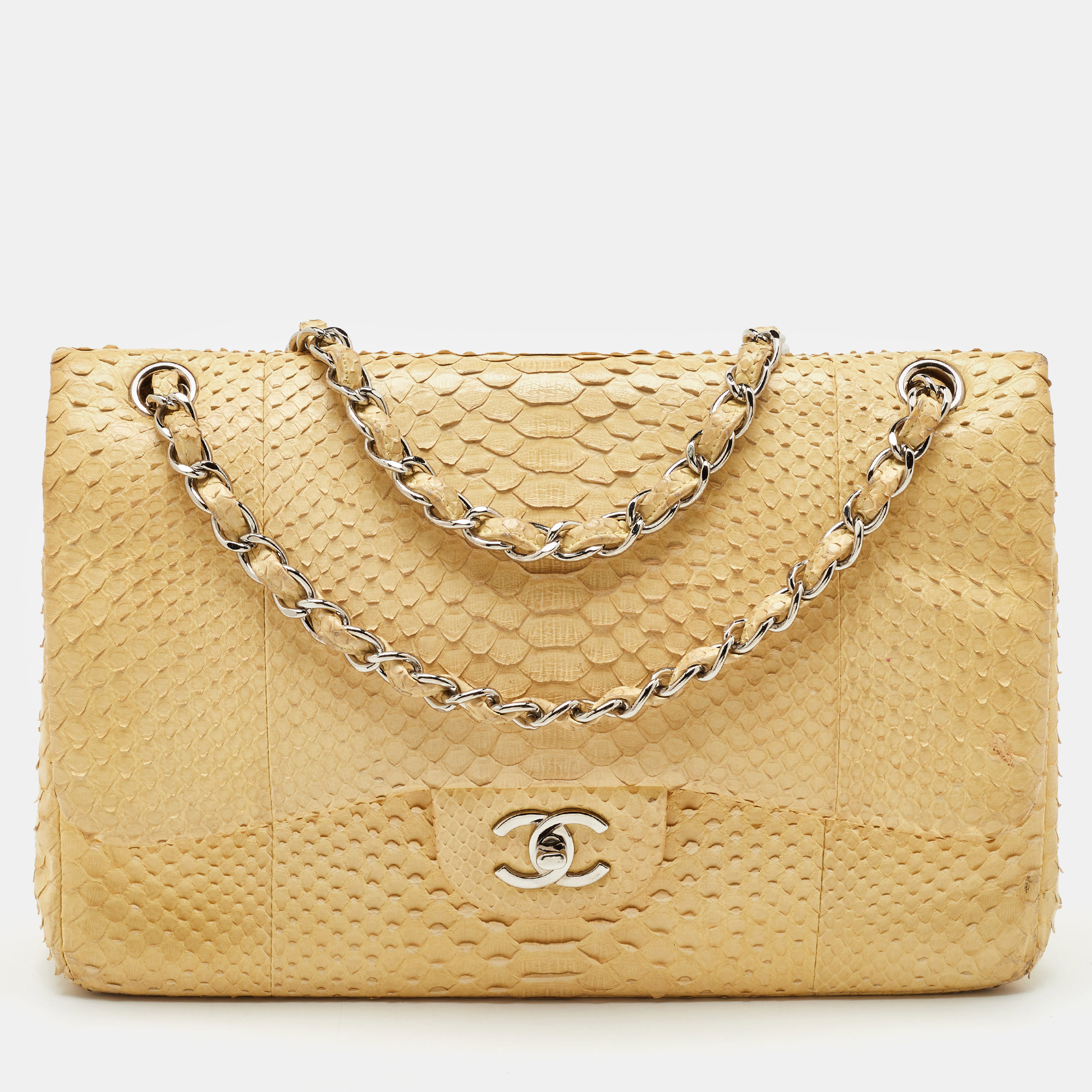 

Chanel Light Yellow Python Jumbo Classic Double Flap Bag