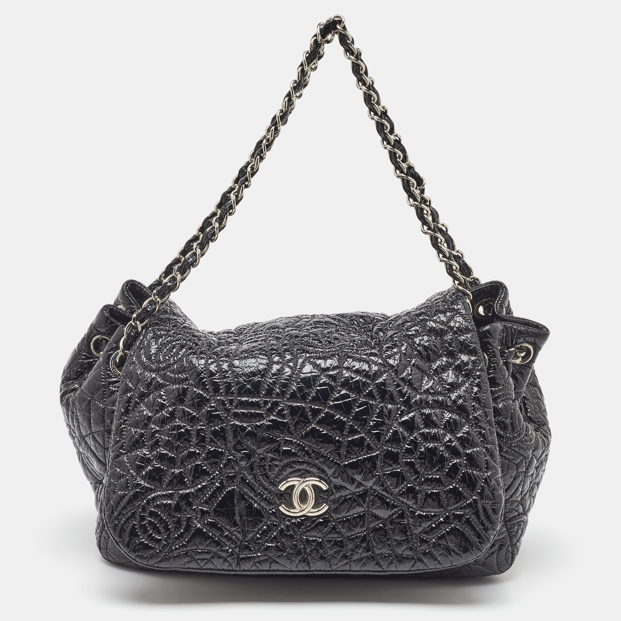 

Chanel Black Quilted Patent Vinyl Graphic Edge Classic Flap Bag