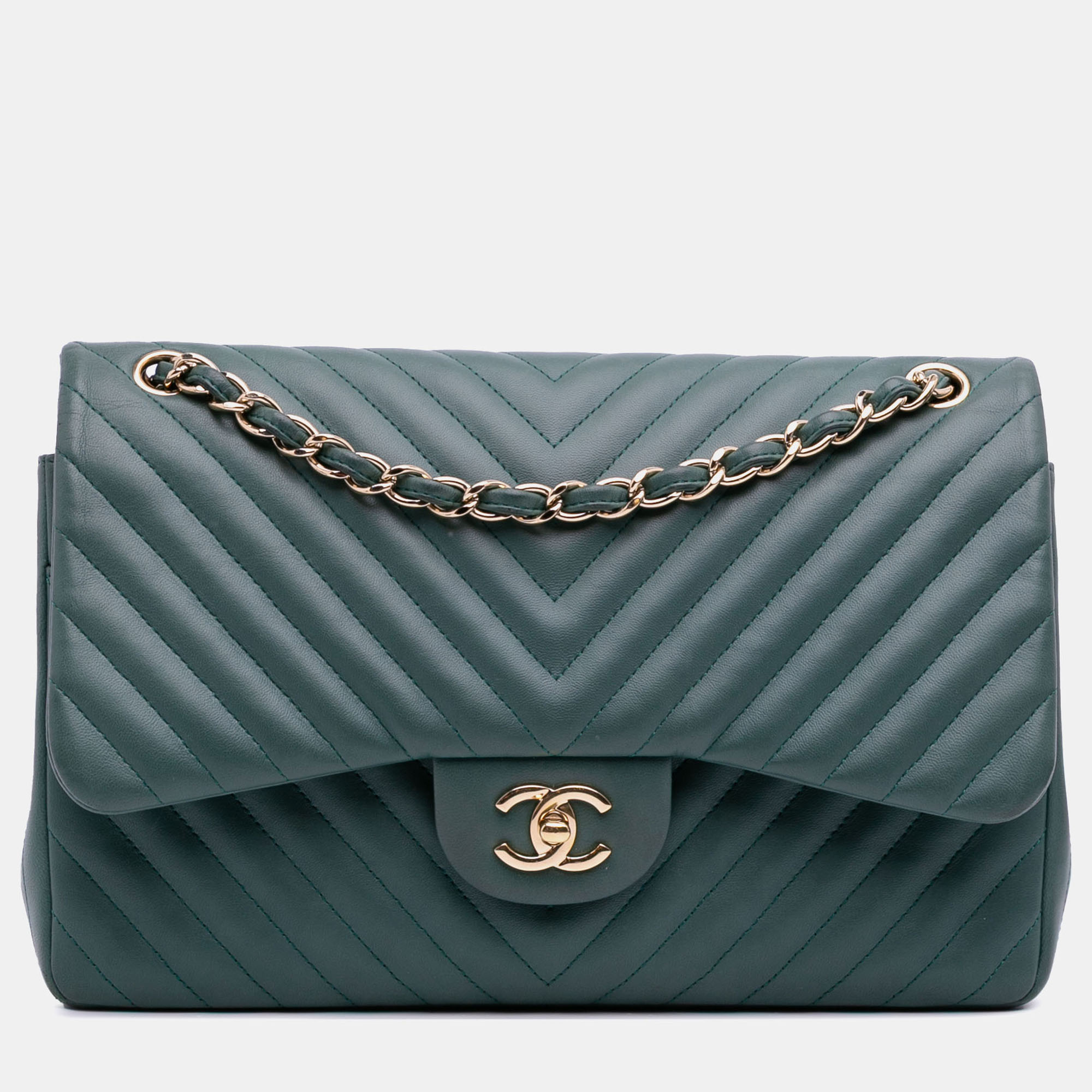 

Chanel Green Jumbo Classic Chevron Lambskin Double Flap