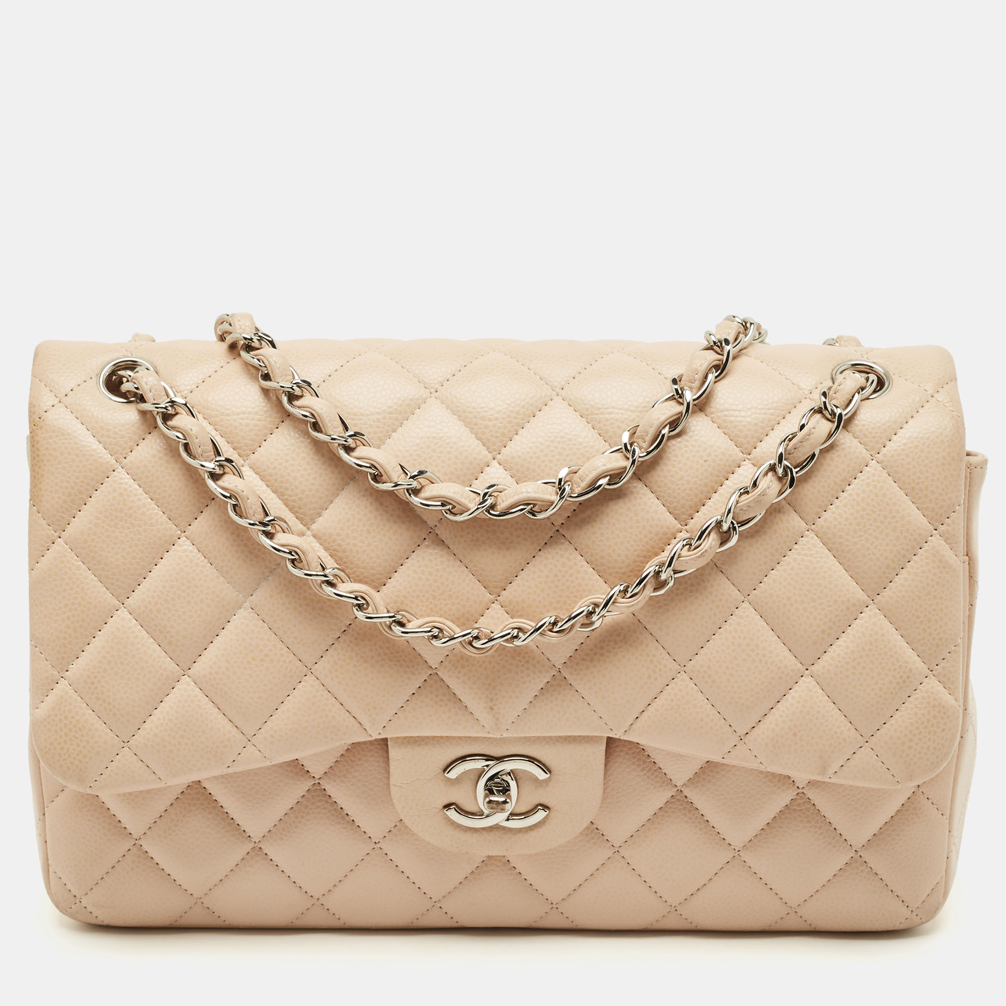 

Chanel Light Beige Quilted Caviar Leather Jumbo Classic Double Flap Bag