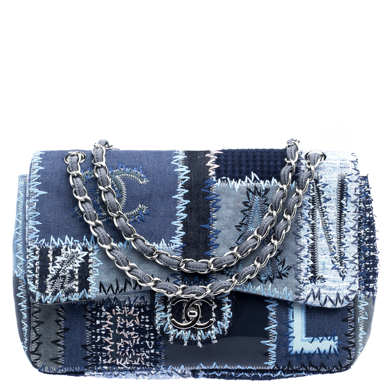 Chanel Blue Fabric/Canvas and Leather Patchwork Jumbo Classic Flap Bag ...