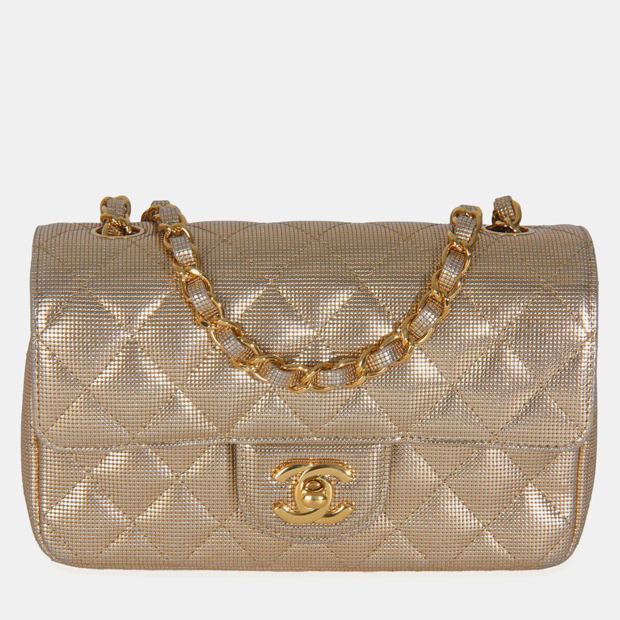 Pre-owned Chanel Gold Metallic Lambskin Perforated Mini Rectangular Flap Bag