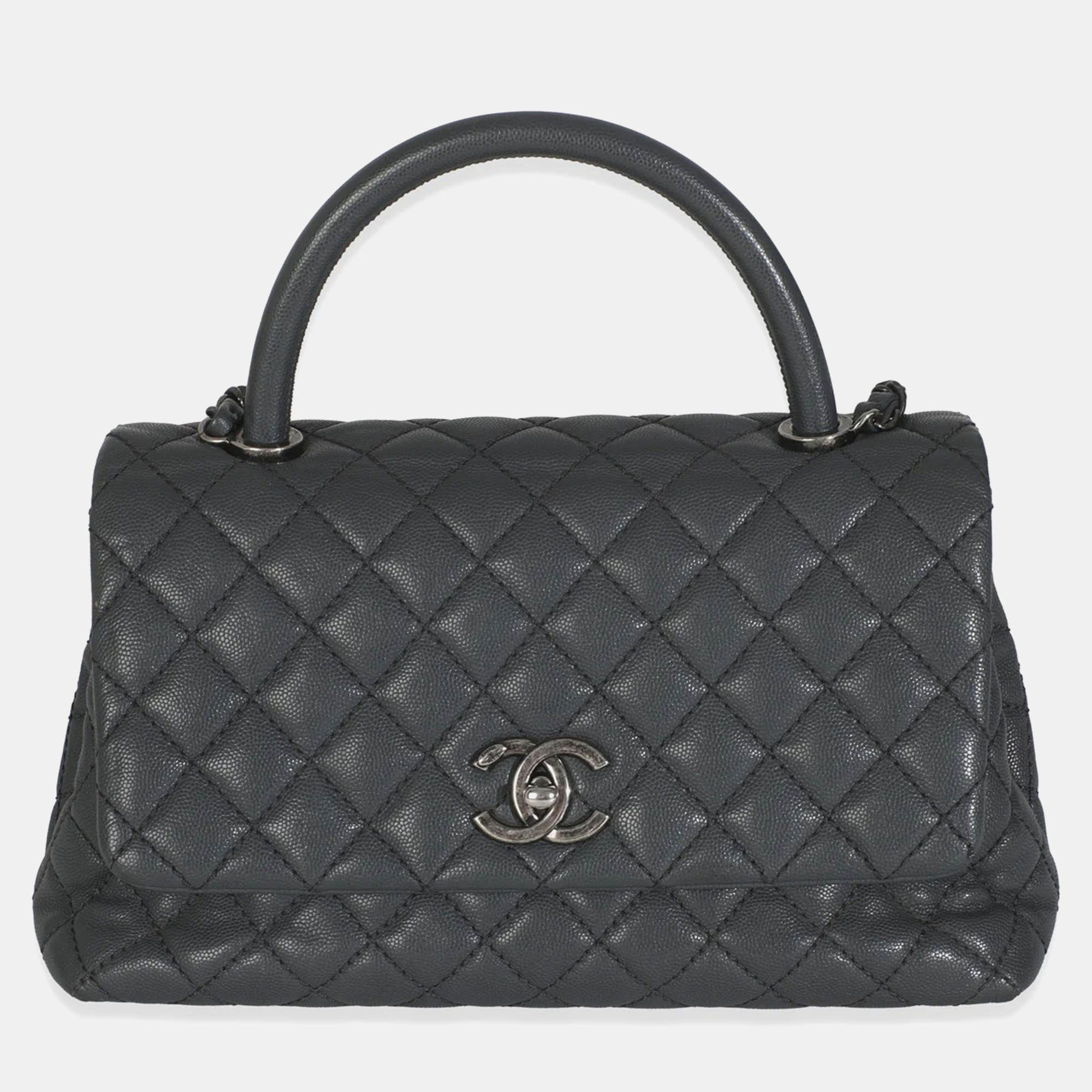 

Chanel Grey Quilted Caviar Coco Top Handle Handbag, Black