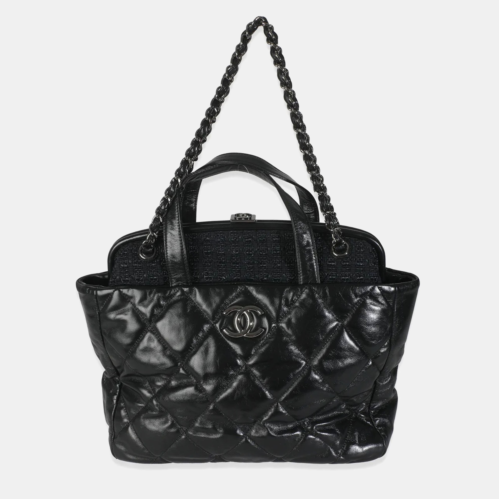 

Chanel Black Tweed Quilted Calfskin Portobello Frame Tote
