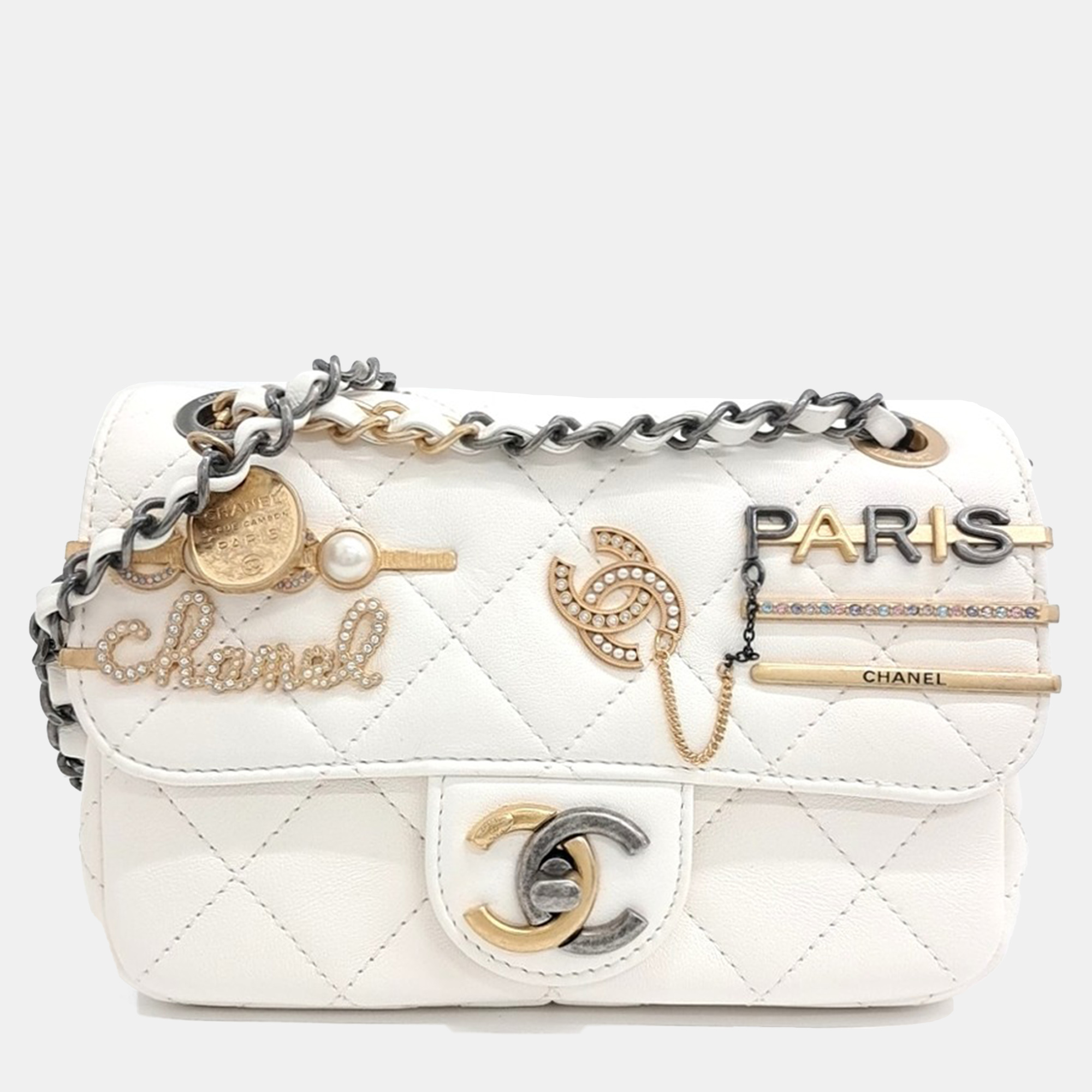 

Chanel White Lambskin Leather Mini Charm Shoulder Bag