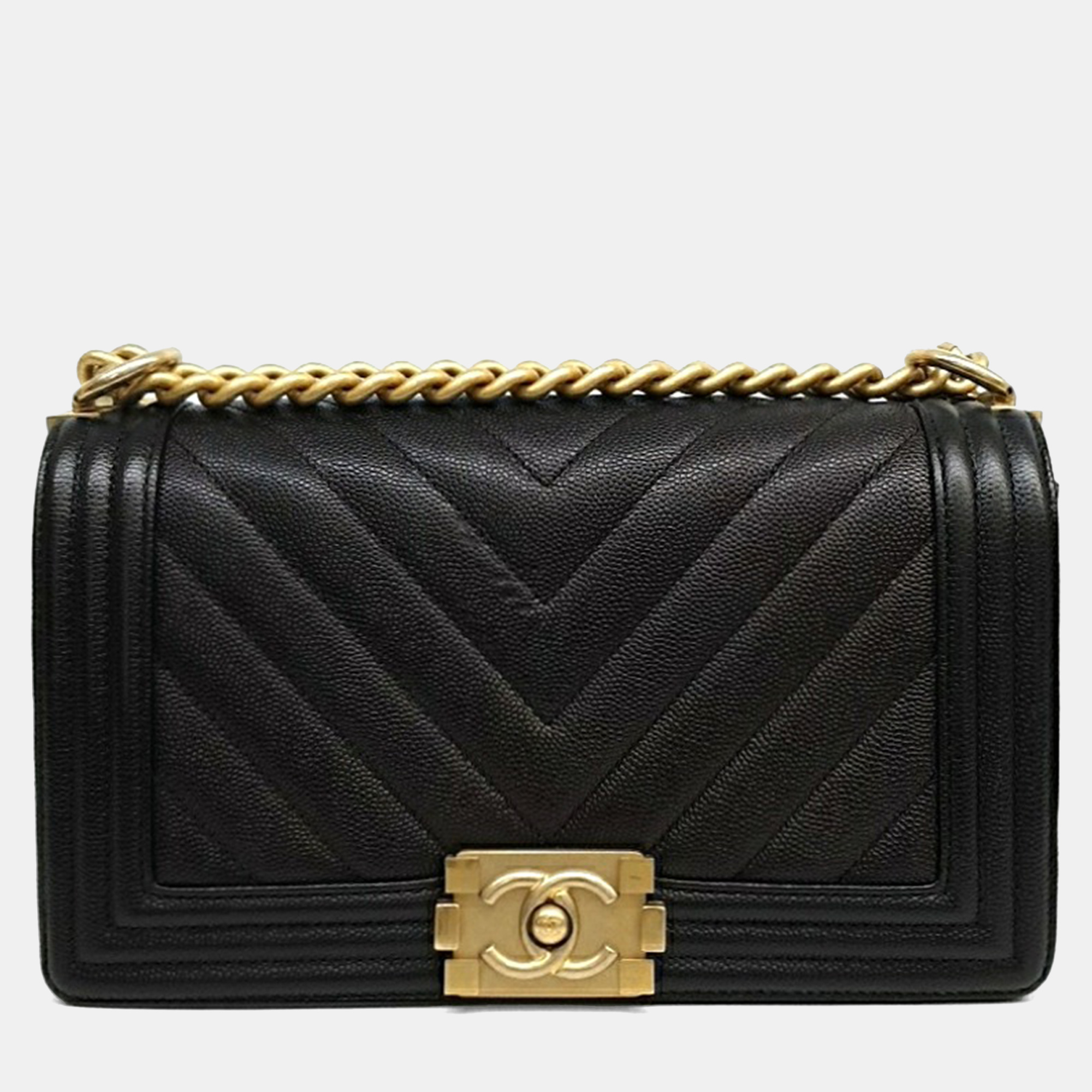 

Chanel Black Leather Caviar Chevron Boy Bag Medium