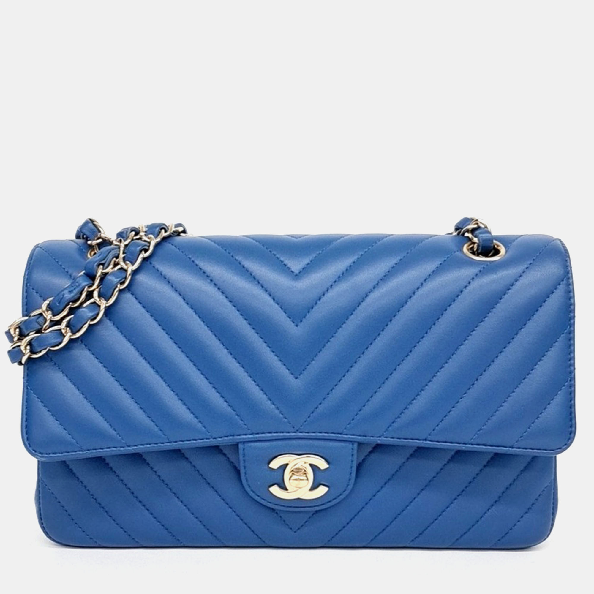 

Chanel Blue Leather Chevron Classic Medium