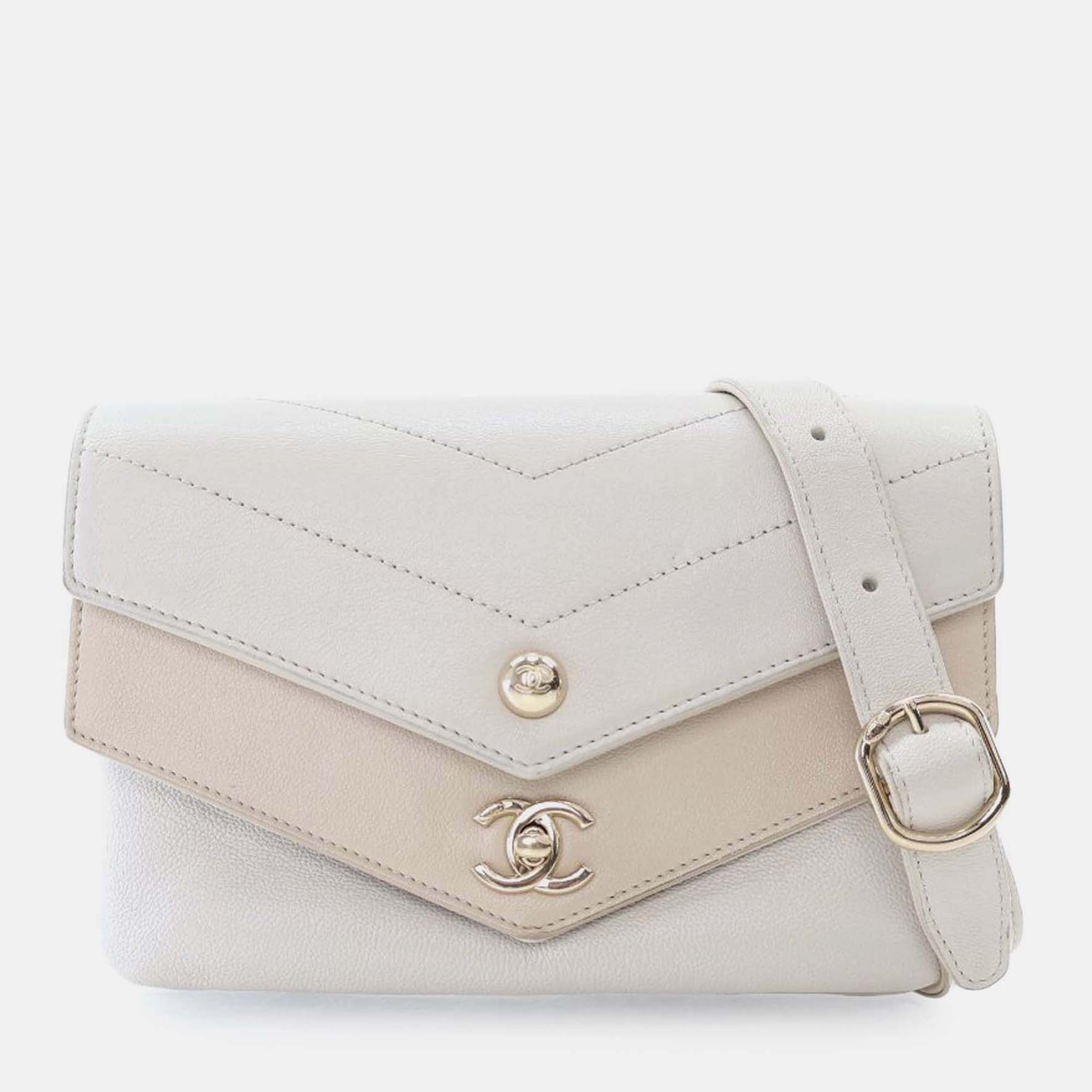 

Chanel Quilted Sheepskin Double Chevron Belt Bag, White