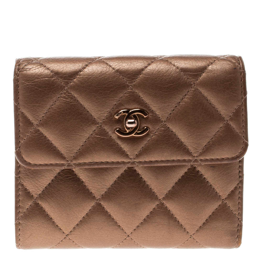Pre Owned Chanel Bronze Quilted Leather Compact Wallet