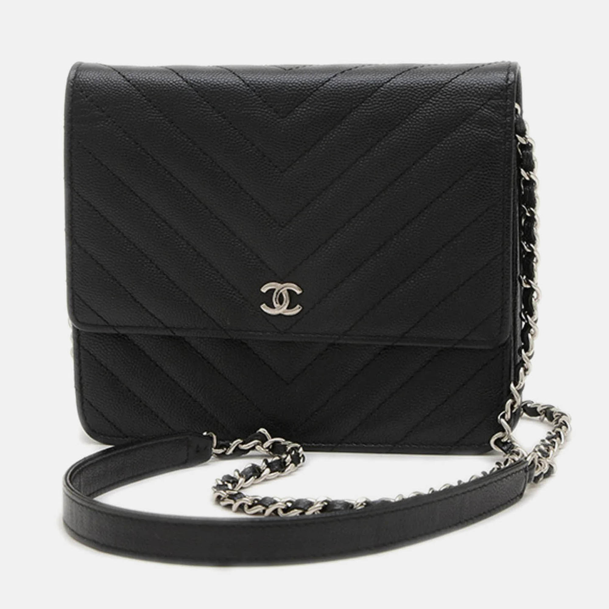 

Chanel Chevron Square Black Caviar Leather Chain Wallet
