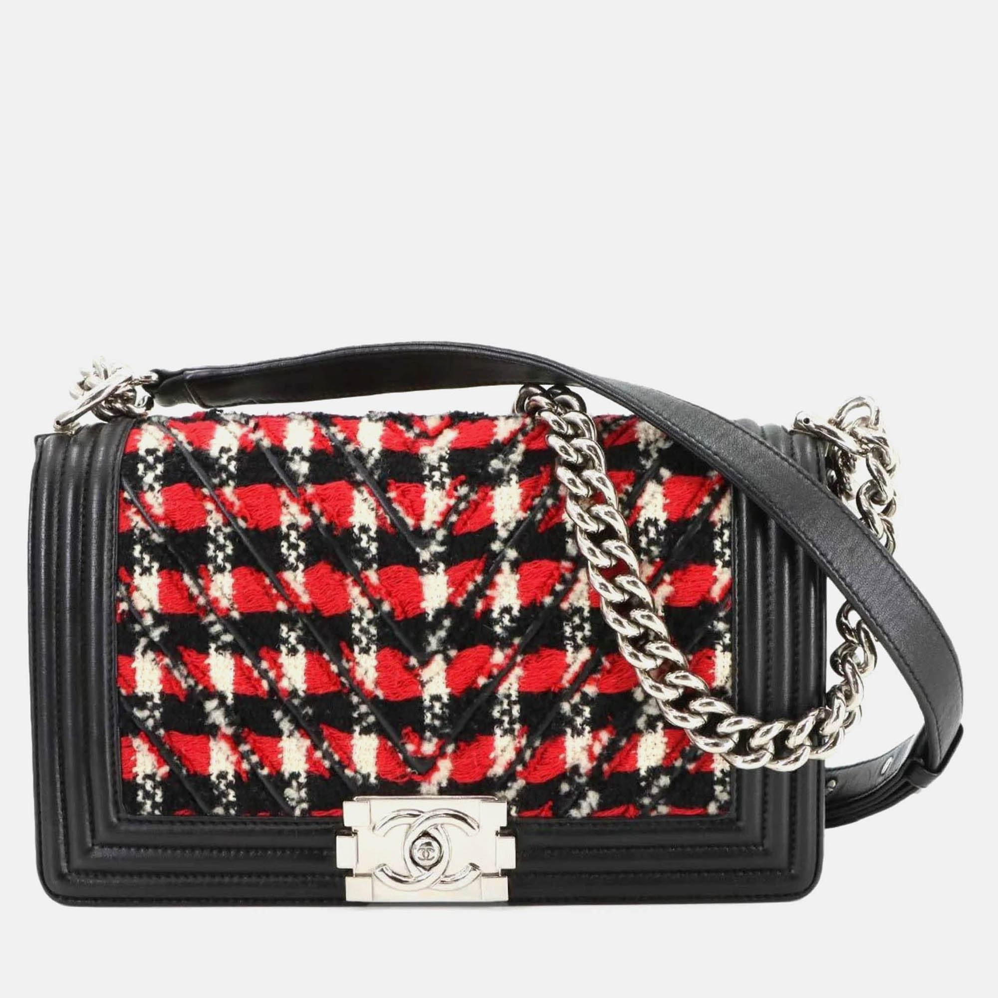 

Chanel Boy Chain Black Red White Tweed Leather Shoulder Bag, Multicolor