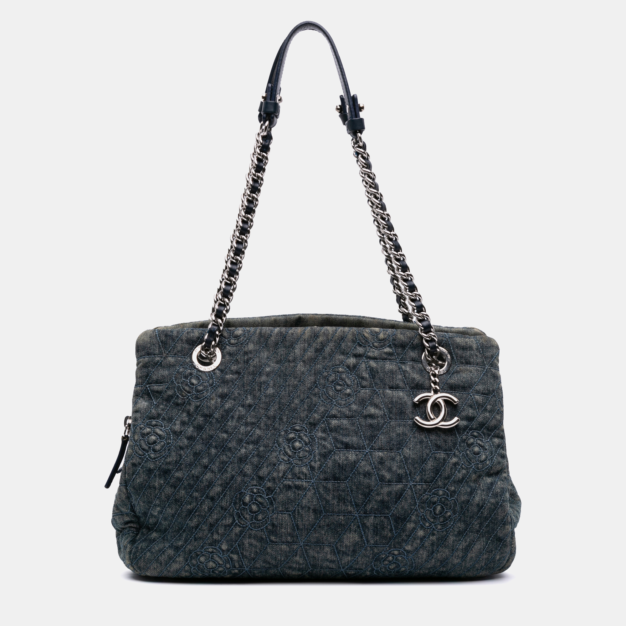 

Chanel Blue Denim Camellia Embroidered Shopping Tote