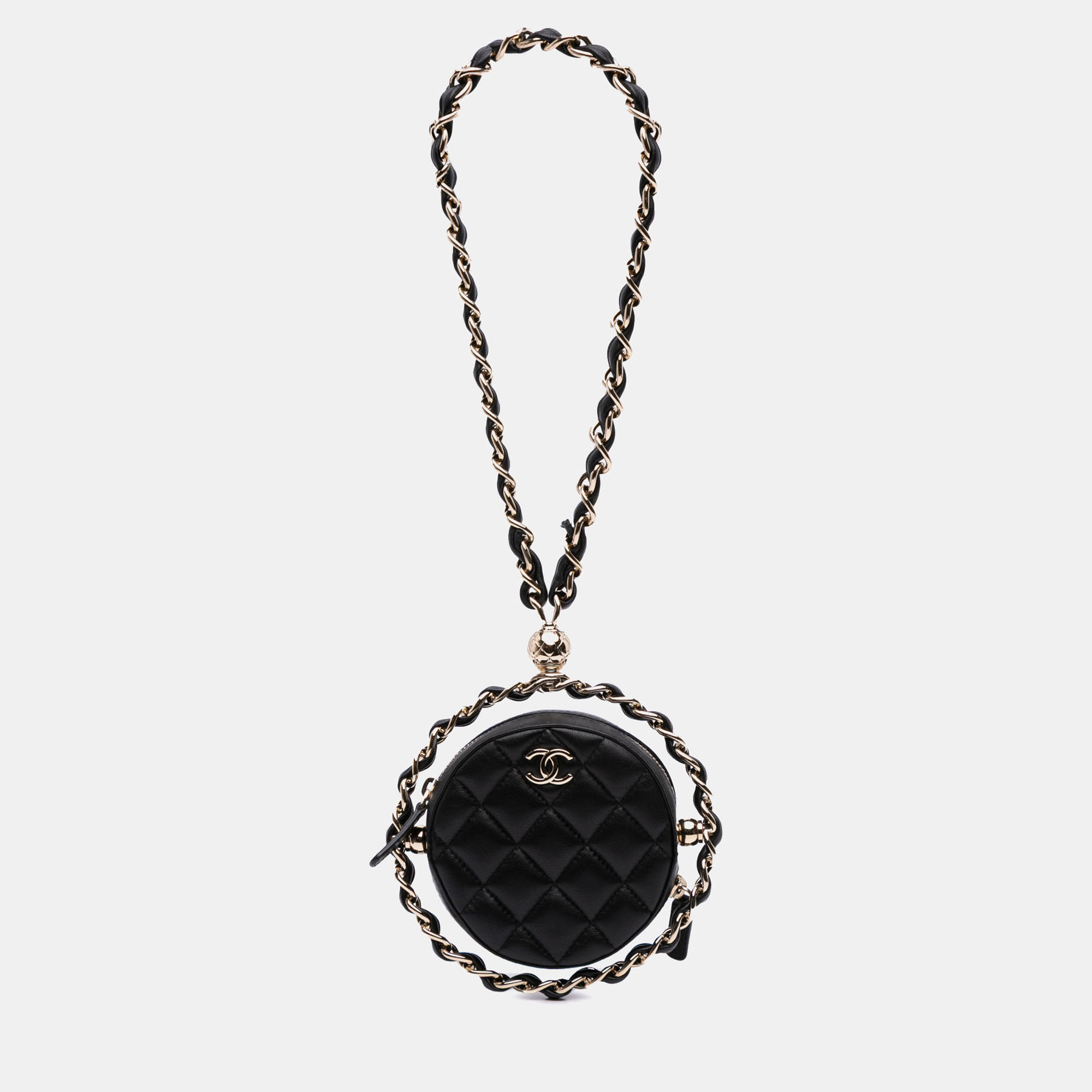 

Chanel Black CC Quilted Lambskin Round Chain Around Clutch With Chain