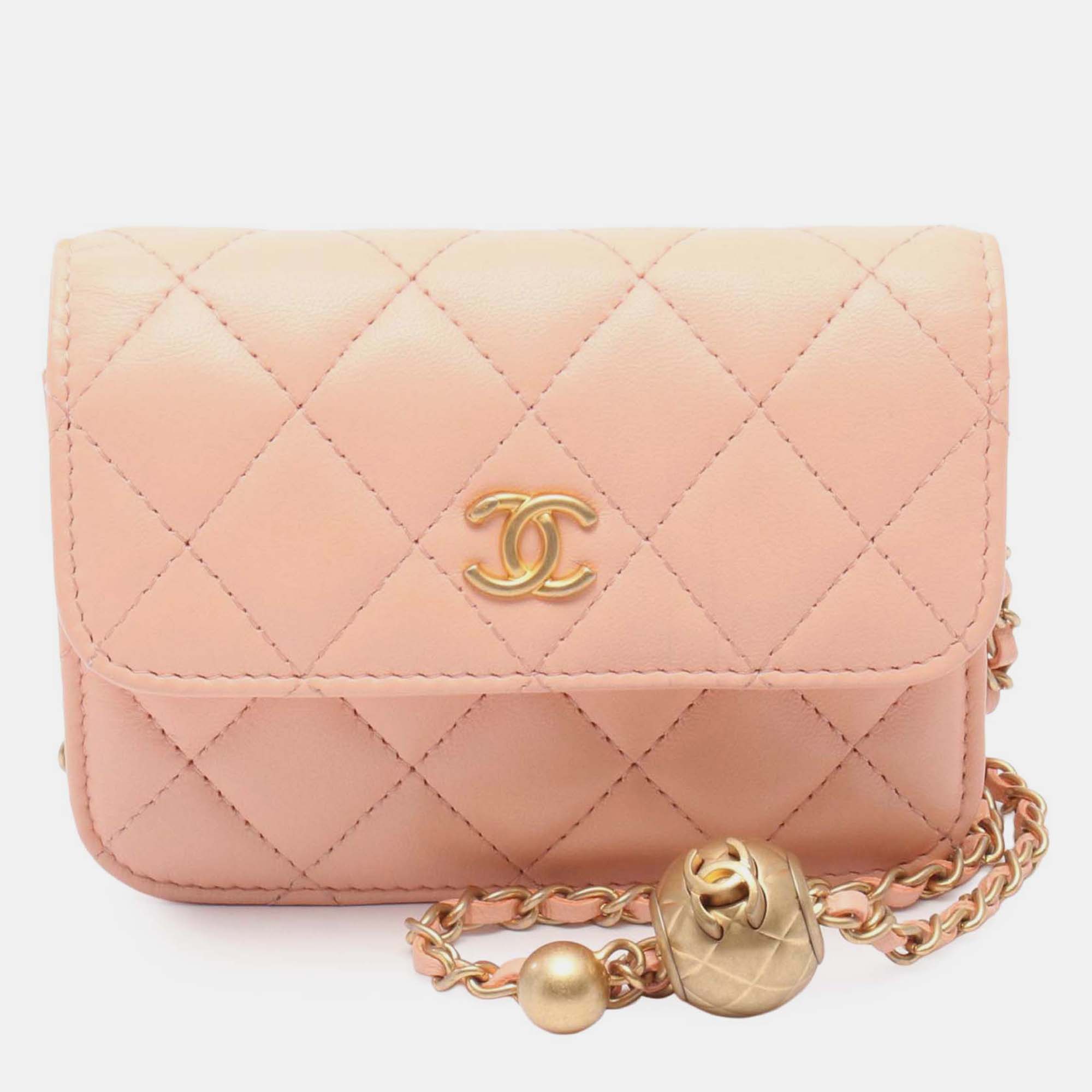 

Chanel Pink Mini Lambskin Pearl Crush Clutch On Chain