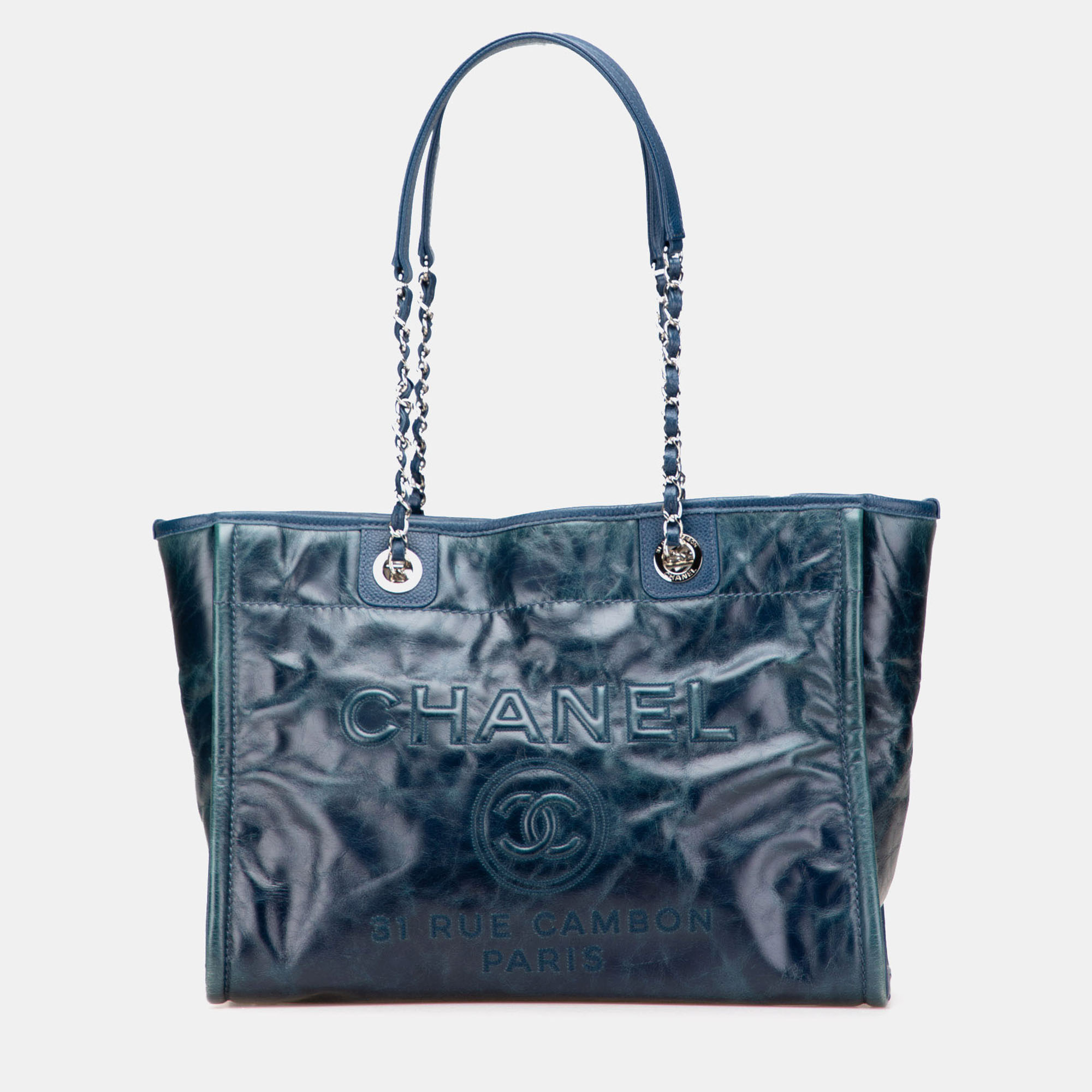Pre-owned Chanel Blue Small Glazed Calfskin Deauville Tote