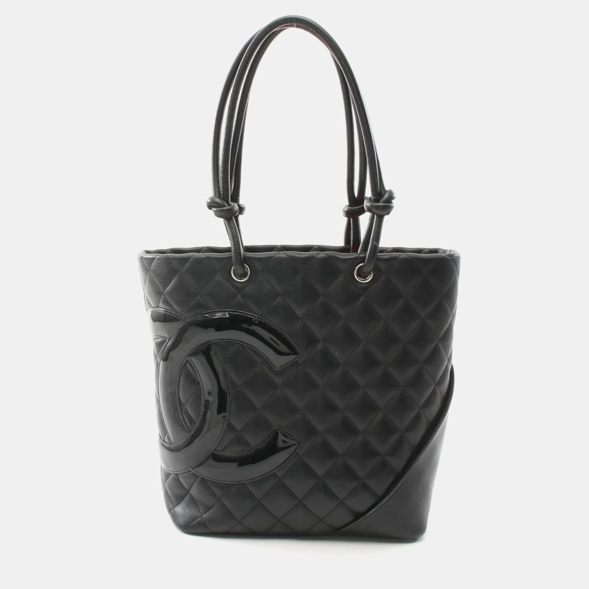

Chanel Cambon Line Medium Black Patent Leather Tote Bag