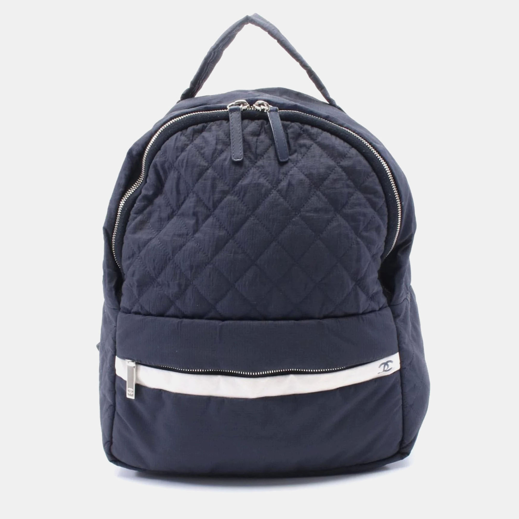 Pre-owned Chanel Matelasse Backpack Nylon Leather Navy White In Blue