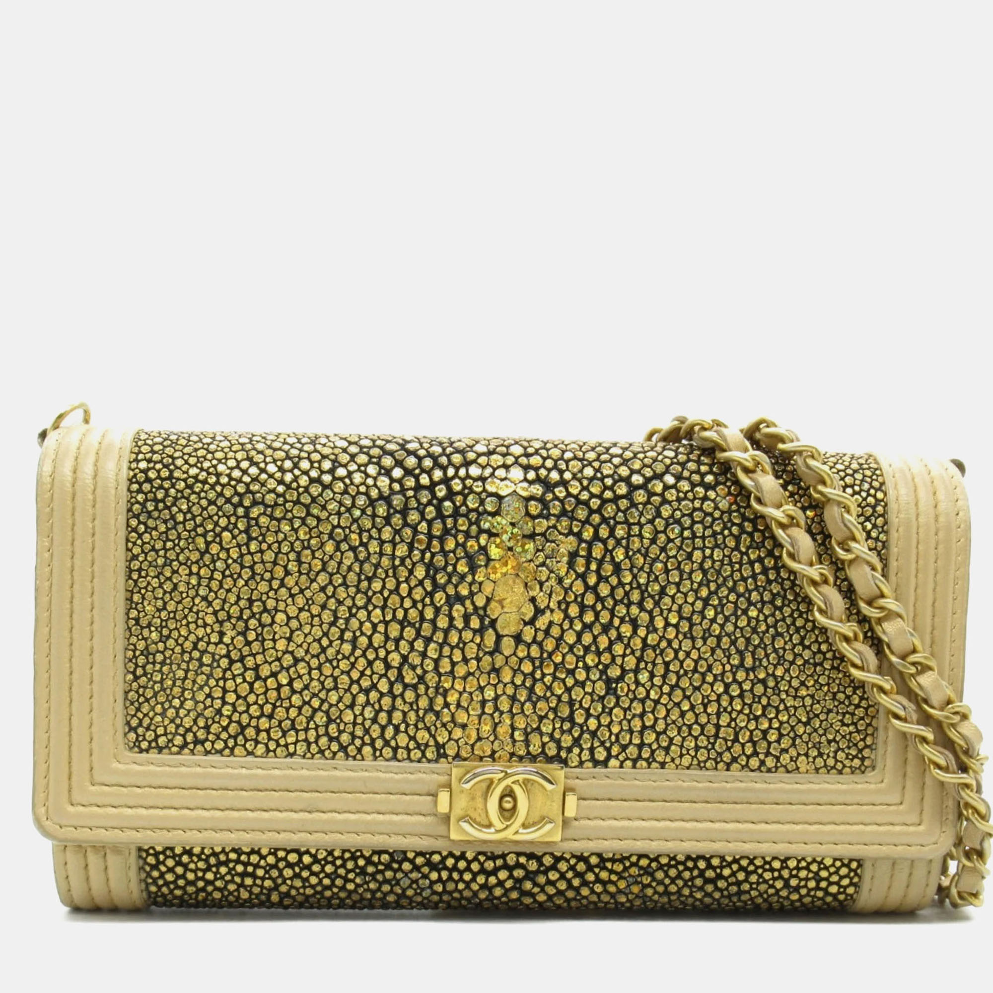 

Chanel Boy Gold Leather Chain Wallet Bag