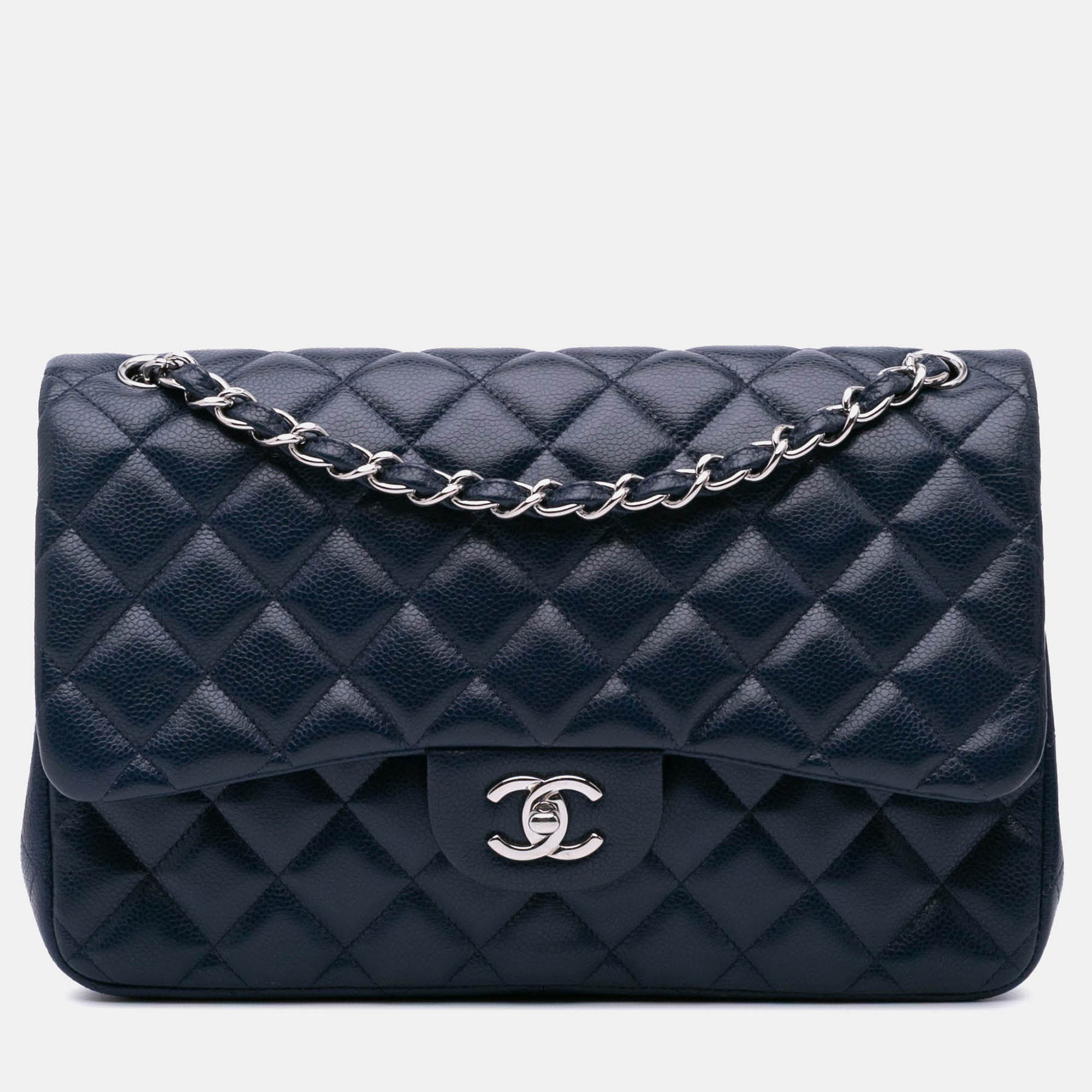 

Chanel Classic Double Flap Jumbo Blue Caviar Shoulder Bag