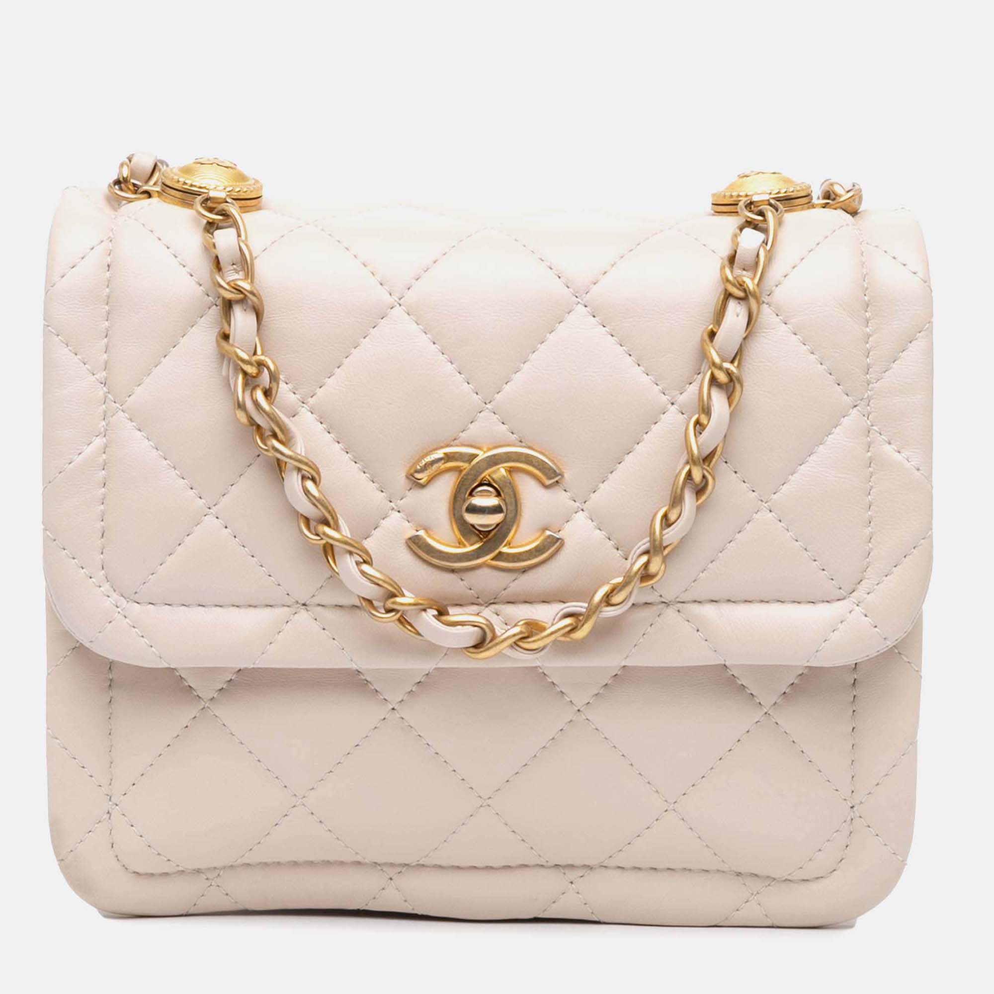 

Chanel Button On Top Flap Small Lambskin Bag, Brown