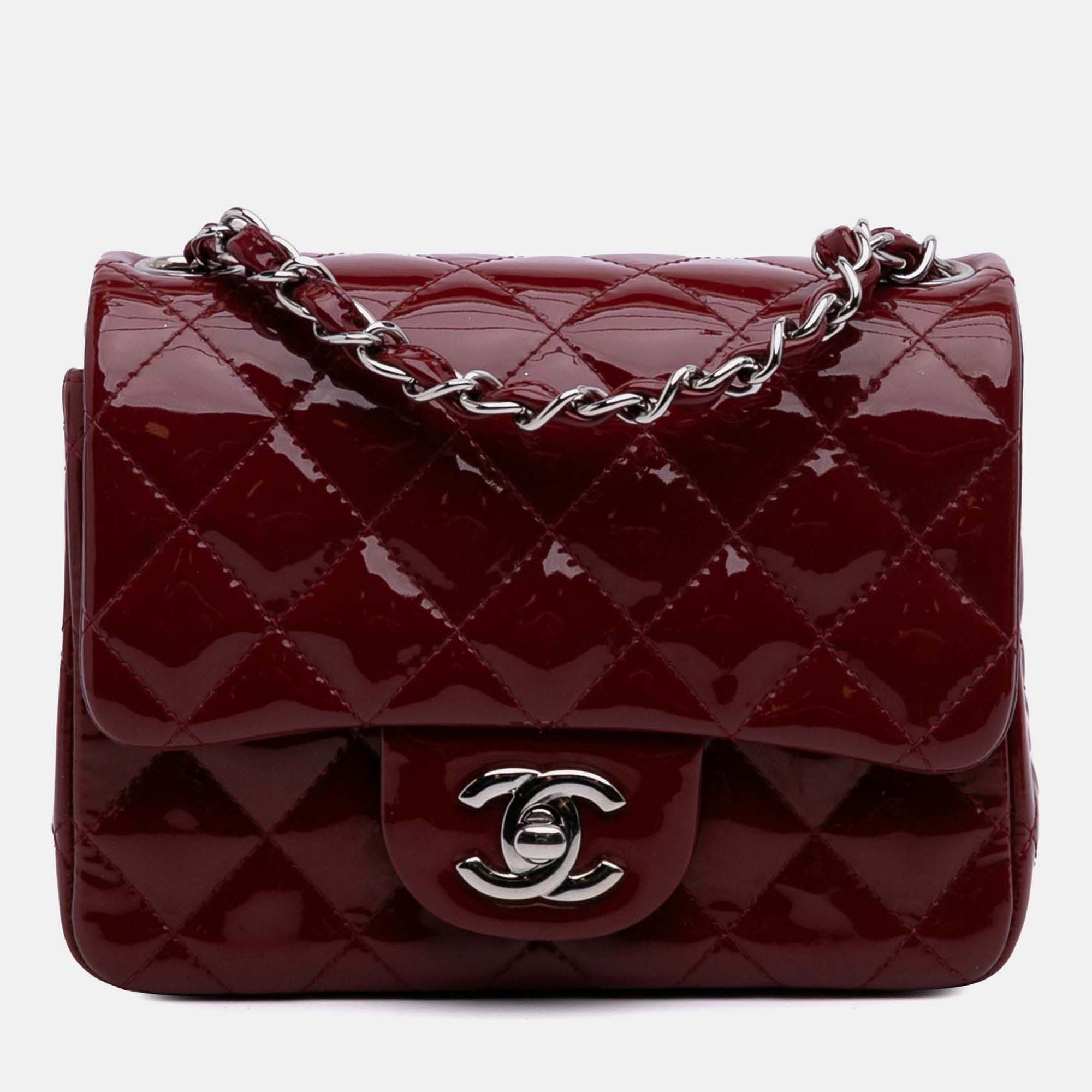 Pre-owned Chanel Classic Single Flap Mini Square Patent Bag In Red