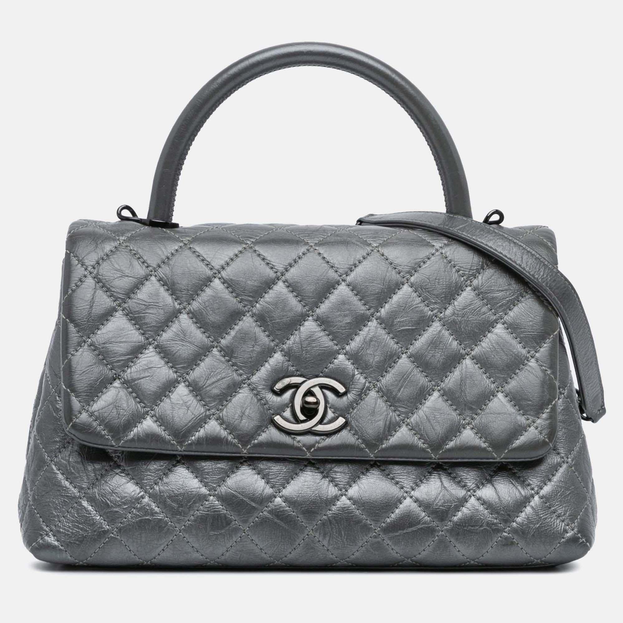 

Chanel Coco Top Handle Bag Small Quilted Aged Calfskin Bag, Grey