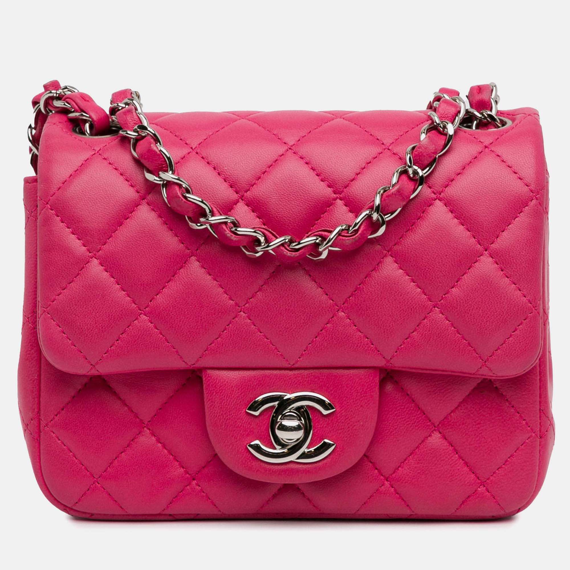 

Chanel Classic Single Flap Mini Square Lambskin Bag, Pink