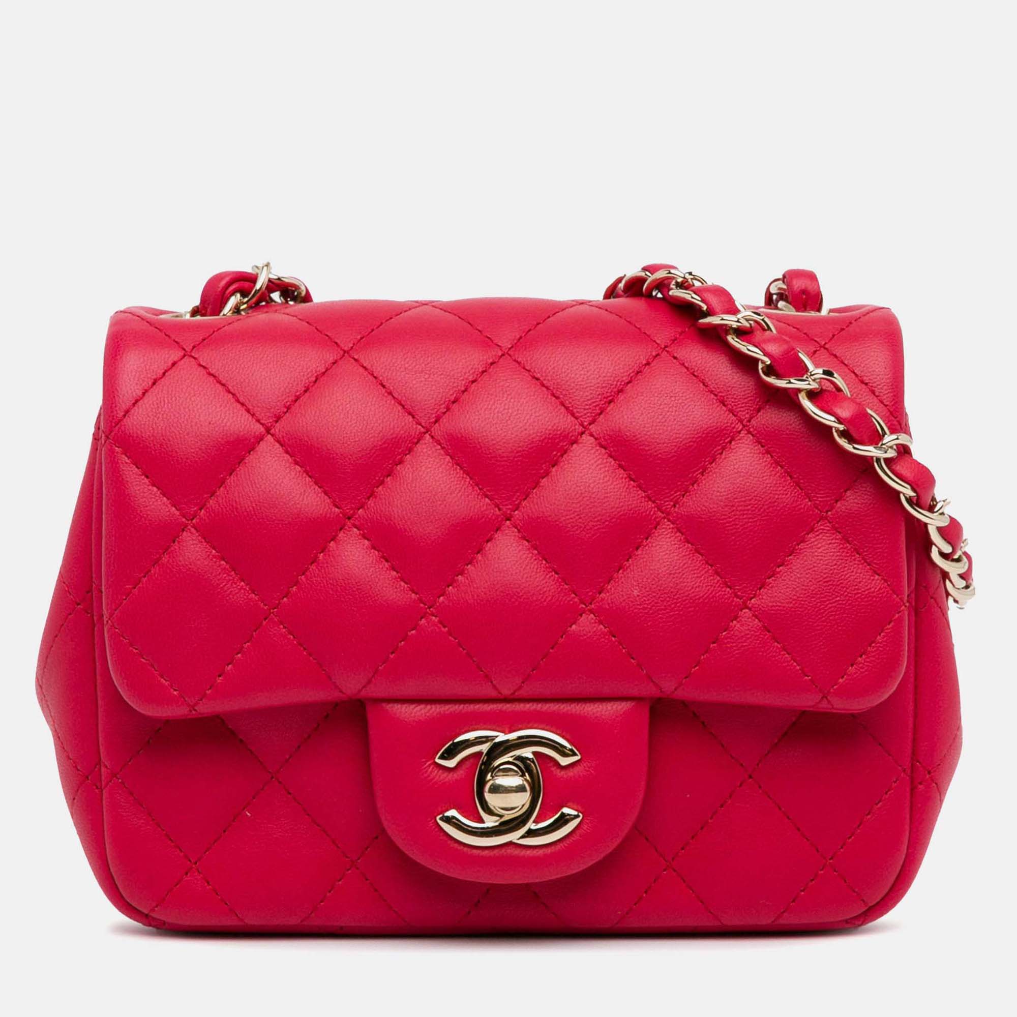 

Chanel Classic Single Flap Mini Square Lambskin Bag, Red