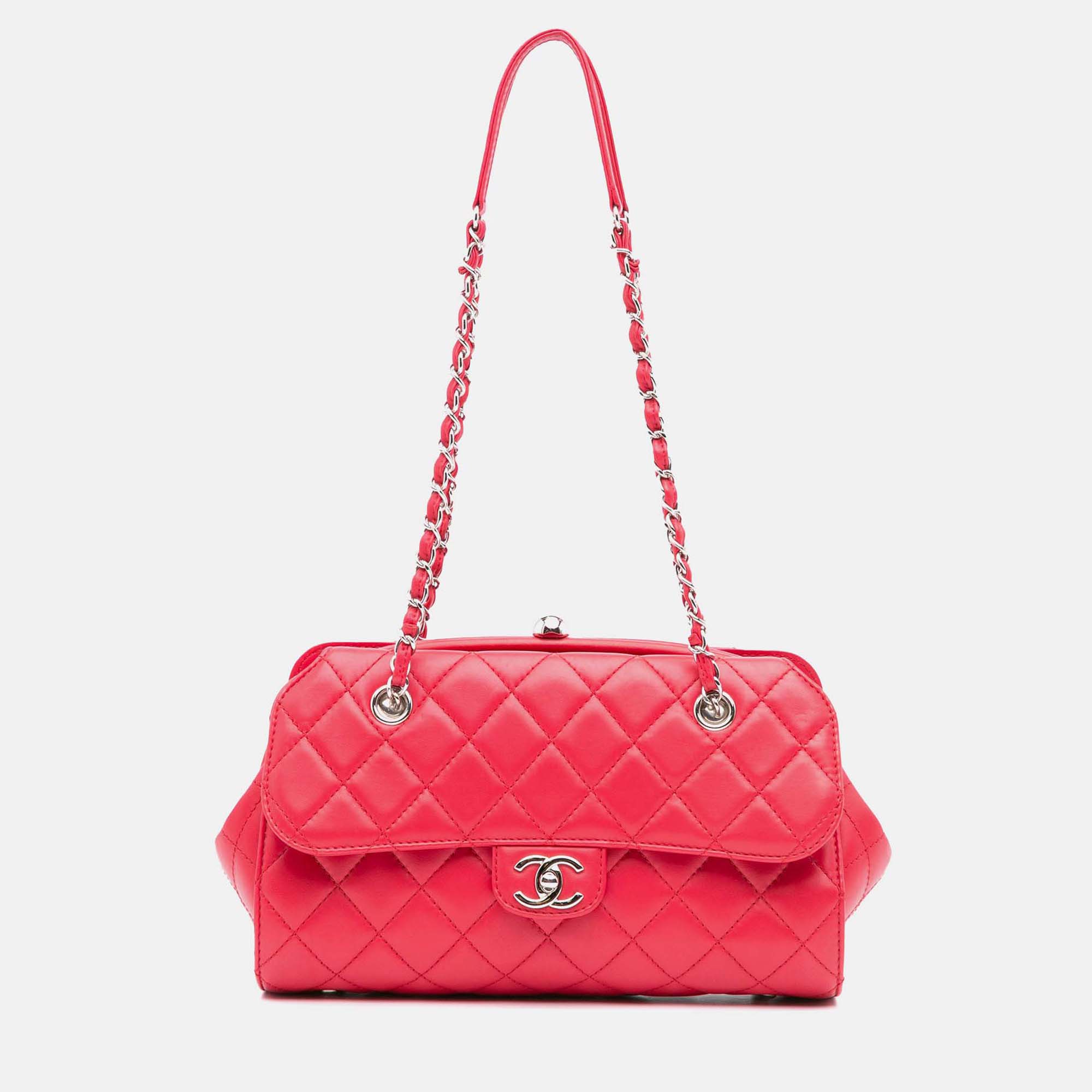 

Chanel Kisslock Frame Flap Tote CC Quilted Lambskin Bag, Pink