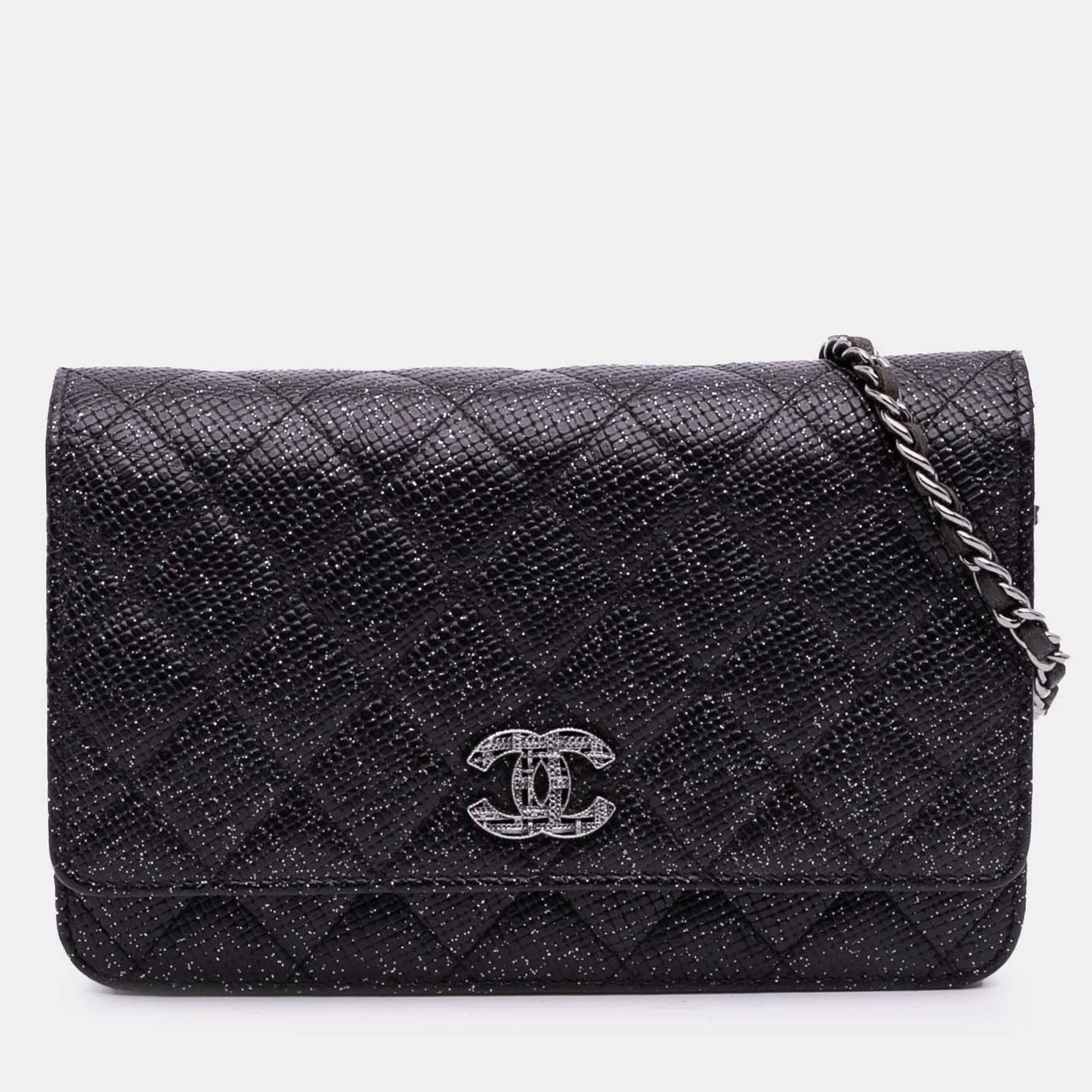 

Chanel Black CC Quilted Glittered Calfskin Wallet On Chain