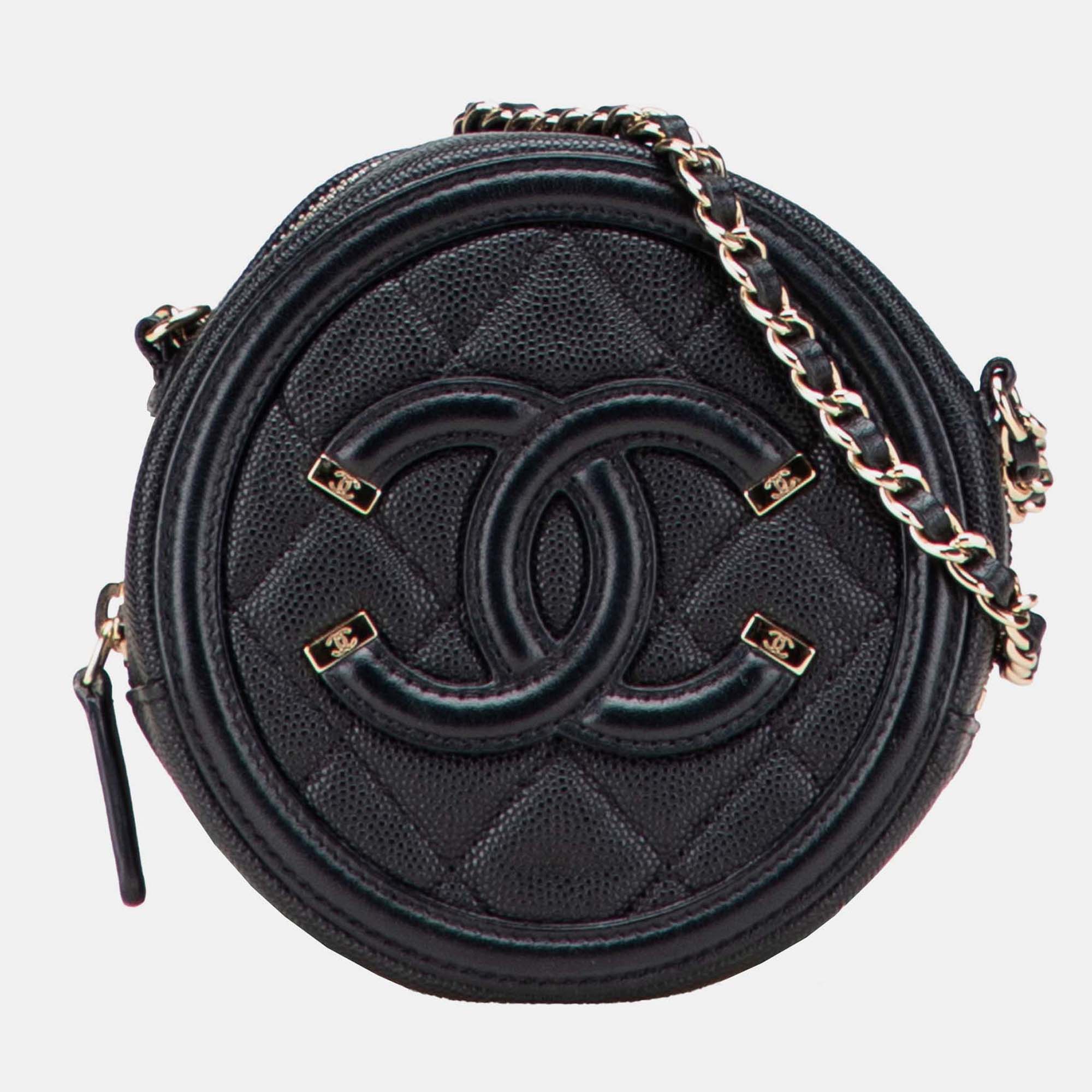 

Chanel Black Caviar CC Filigree Round Clutch with Chain