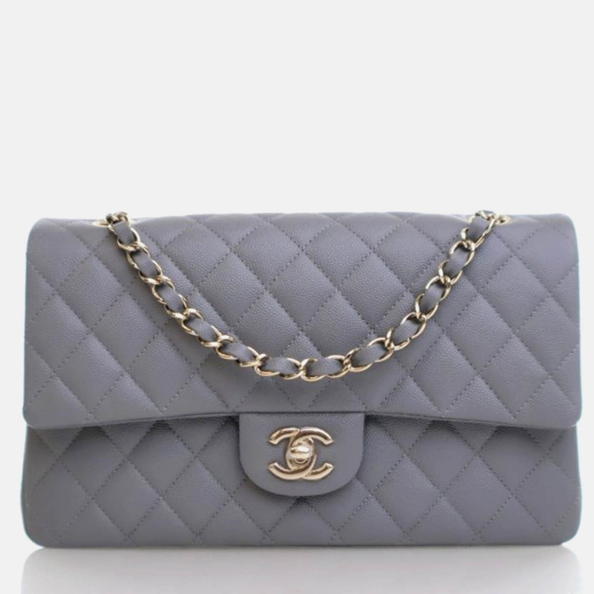 

Chanel Classic Double Flap Bag Medium Grey Caviar Leather Shoulder Bag