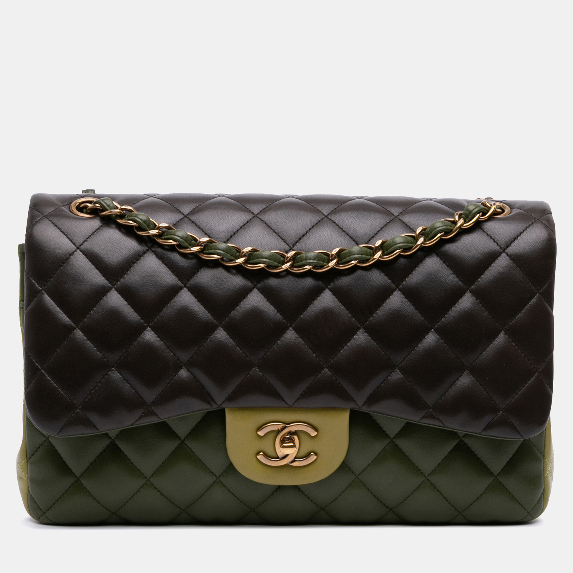 

Chanel Green Jumbo Classic Tricolor Lambskin Double Flap