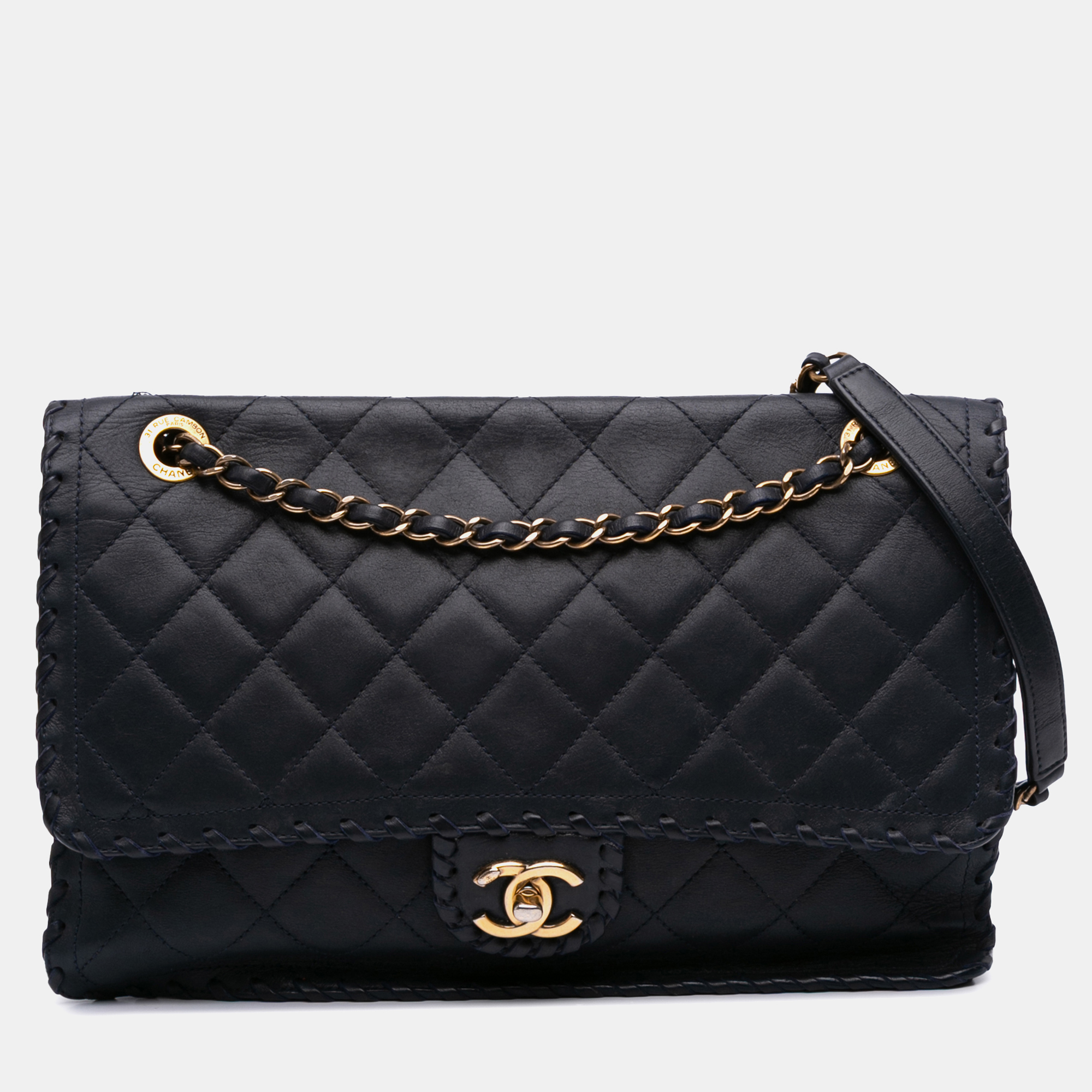 

Chanel Navy Blue Jumbo Quilted Iridescent Calfskin Happy Stitch Flap Bag