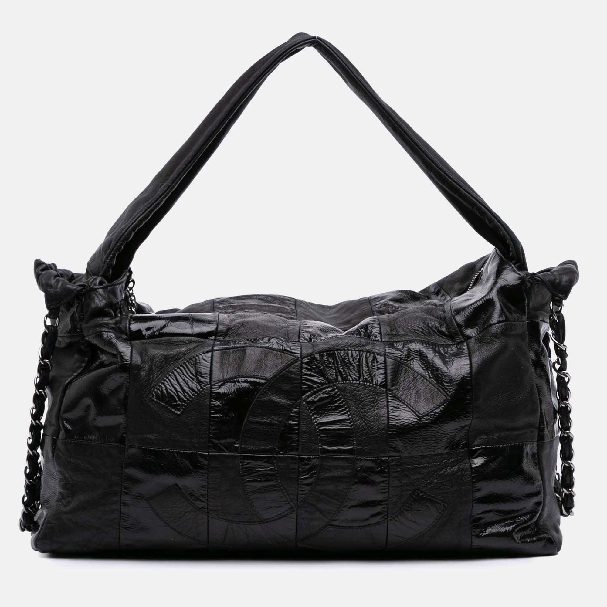

Chanel Black Lambskin Patent Brooklyn Patchwork Hobo Bag