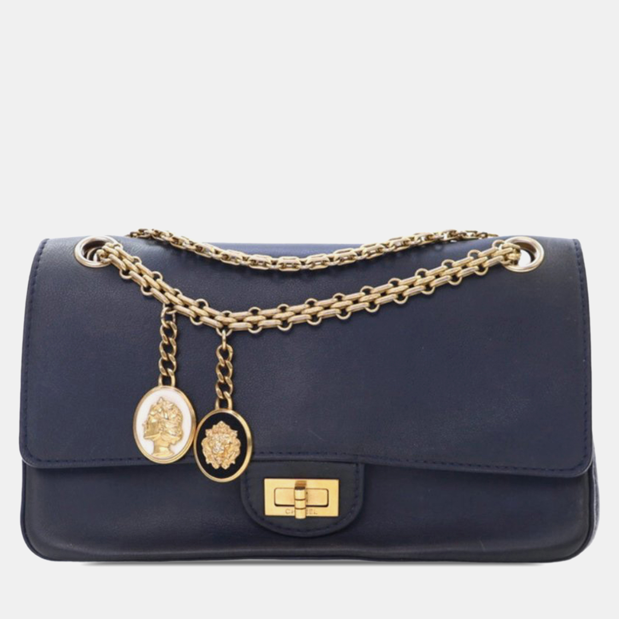 

Chanel Navy Blue Reissue 2.55 Calfskin Medallion Nude Double Flap 226