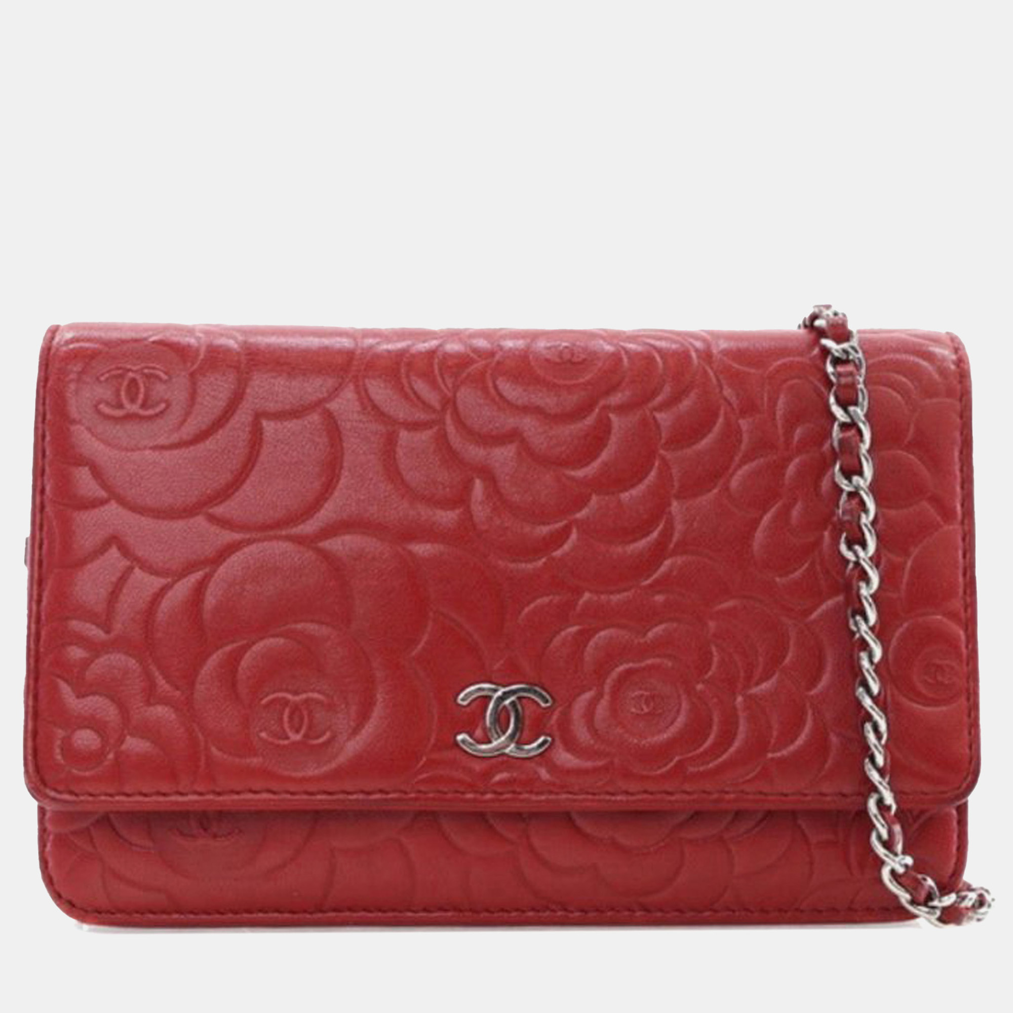 

Chanel Red Embossed Lambskin Camellia Wallet On Chain
