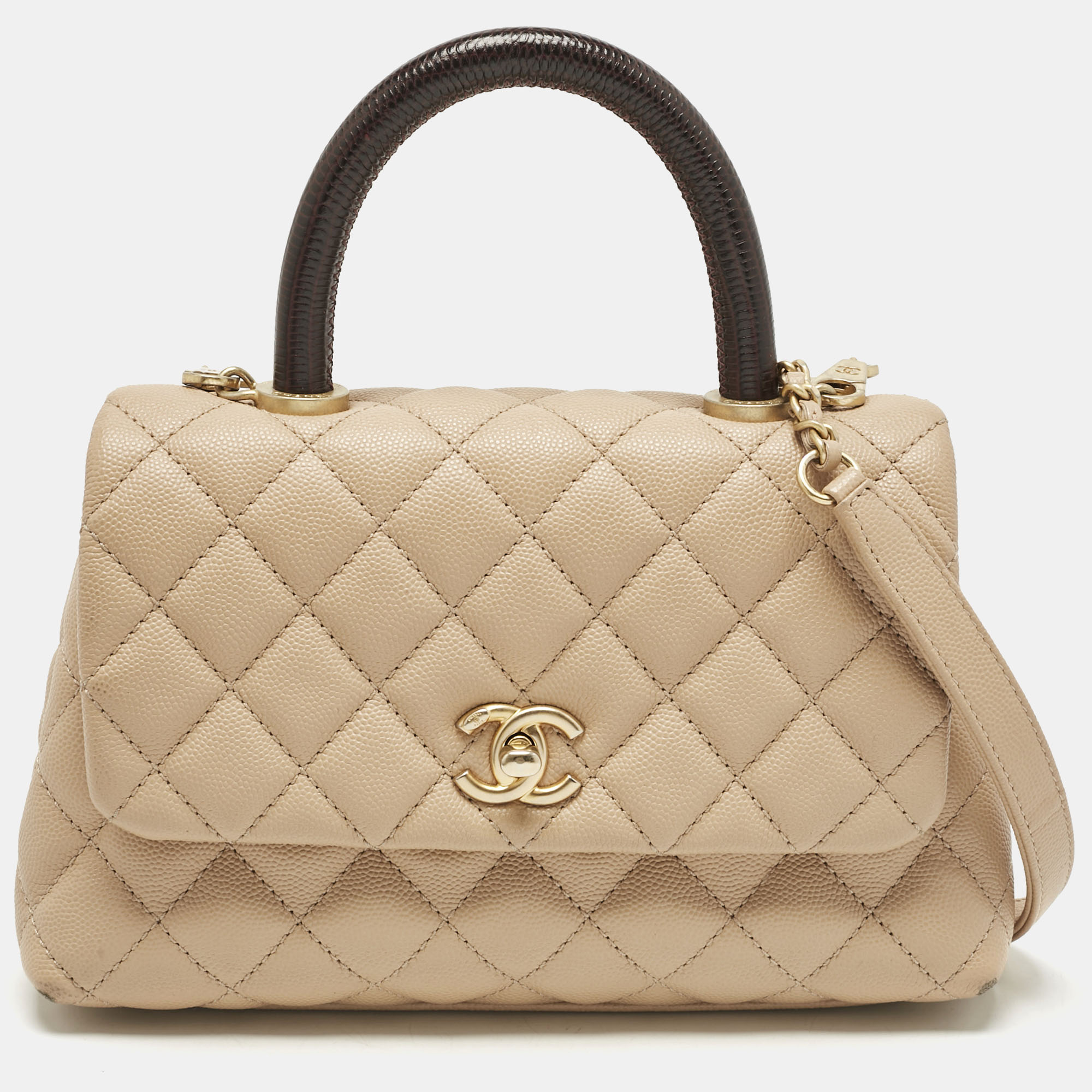 

Chanel Beige/Brown Quilted Caviar Leather Mini Coco Top Handle Bag