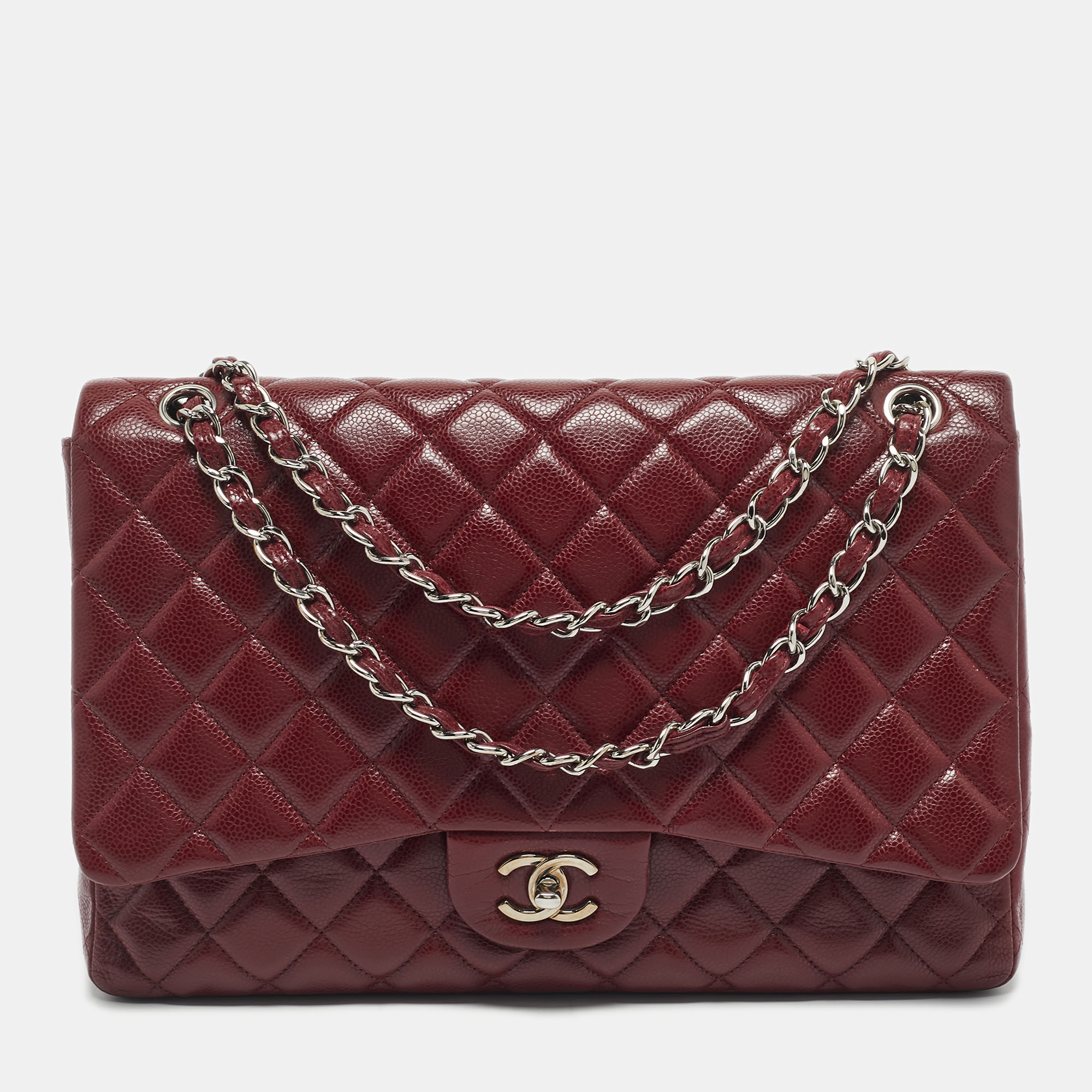 Pre-owned Chanel Dark Red Quilted Caviar Leather Maxi Classic Single Flap Bag