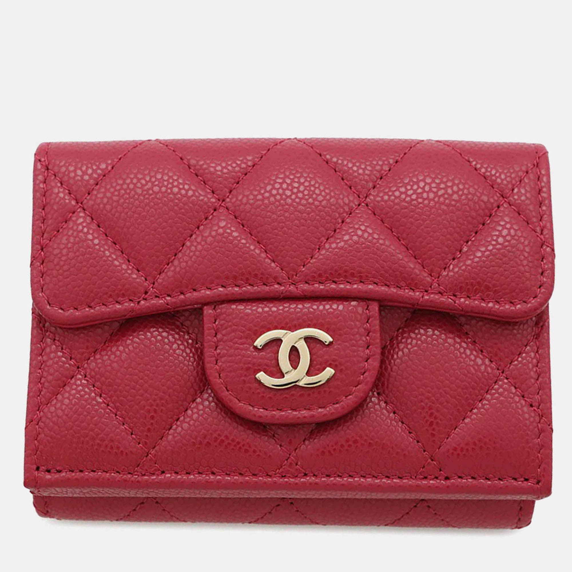 Pre-owned Chanel Matelasse Classic Small Caviar Leather Flap Wallet In Pink