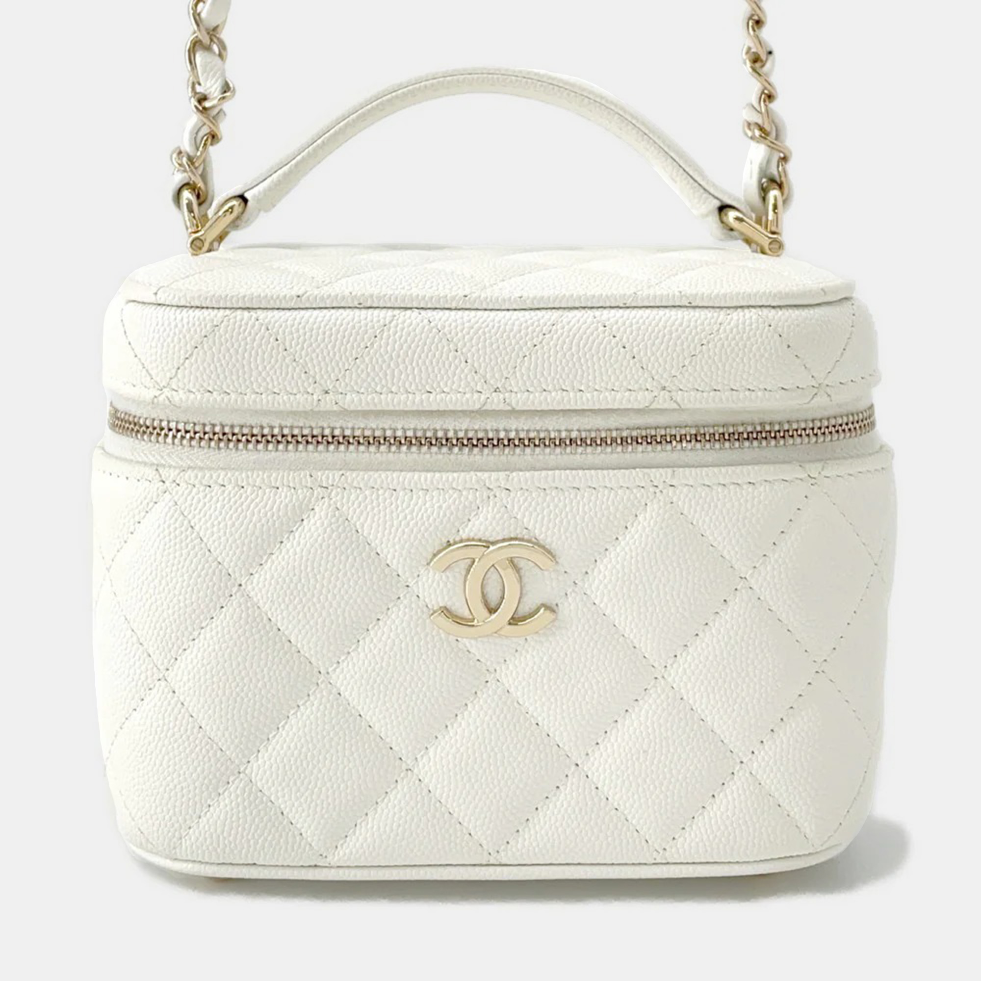 

Chanel Matelasse Top Handle Small White Caviar Leather Chain Vanity Bag