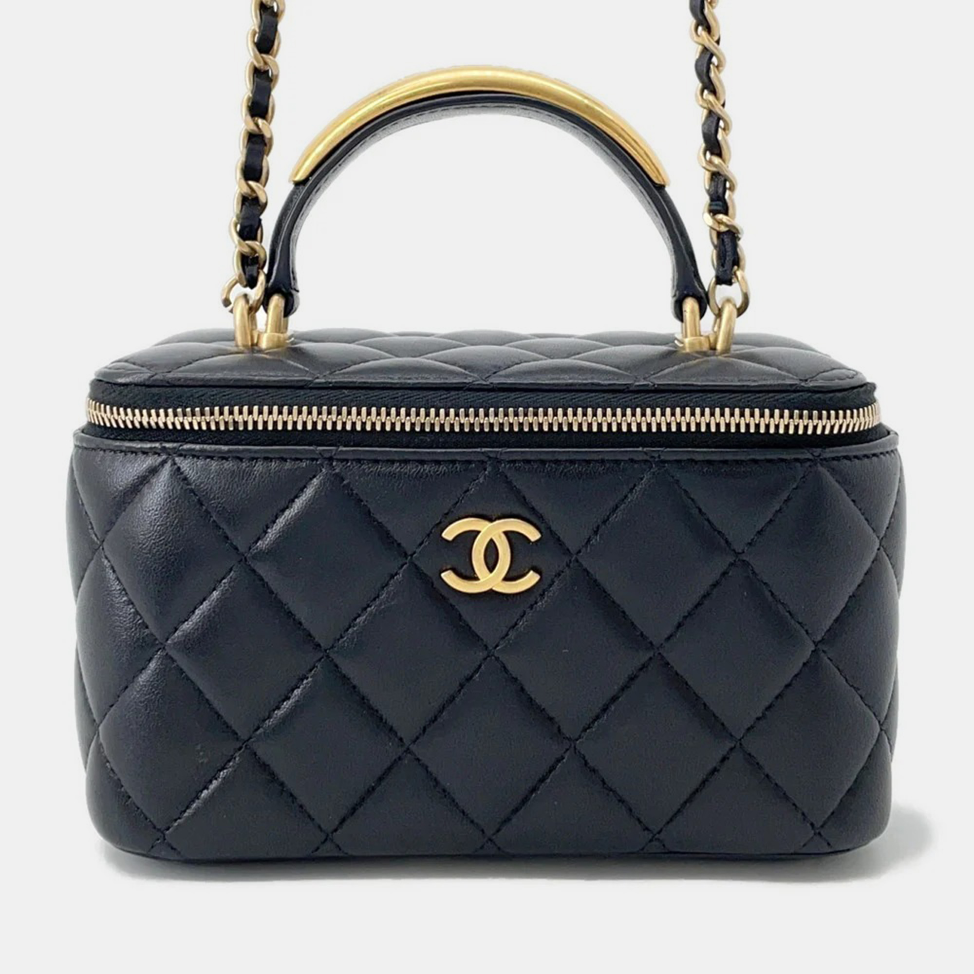 

Chanel Matelasse Top Handle Black Lambskin Chain Vanity Bag