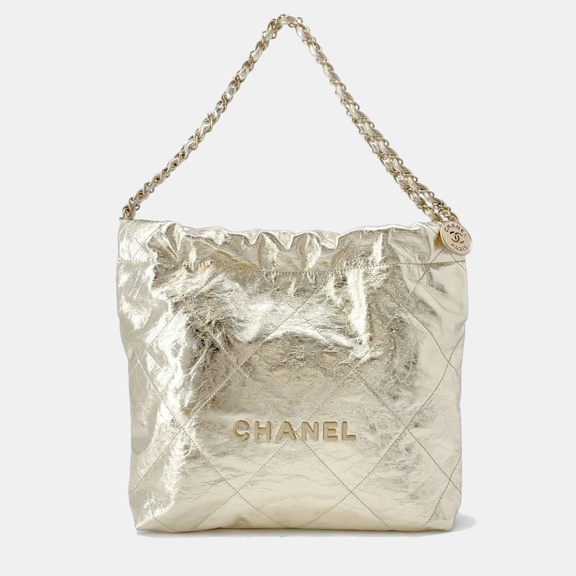 

Chanel 22 Small Champagne Gold Shiny Calf Leather Chain Shoulder Bag