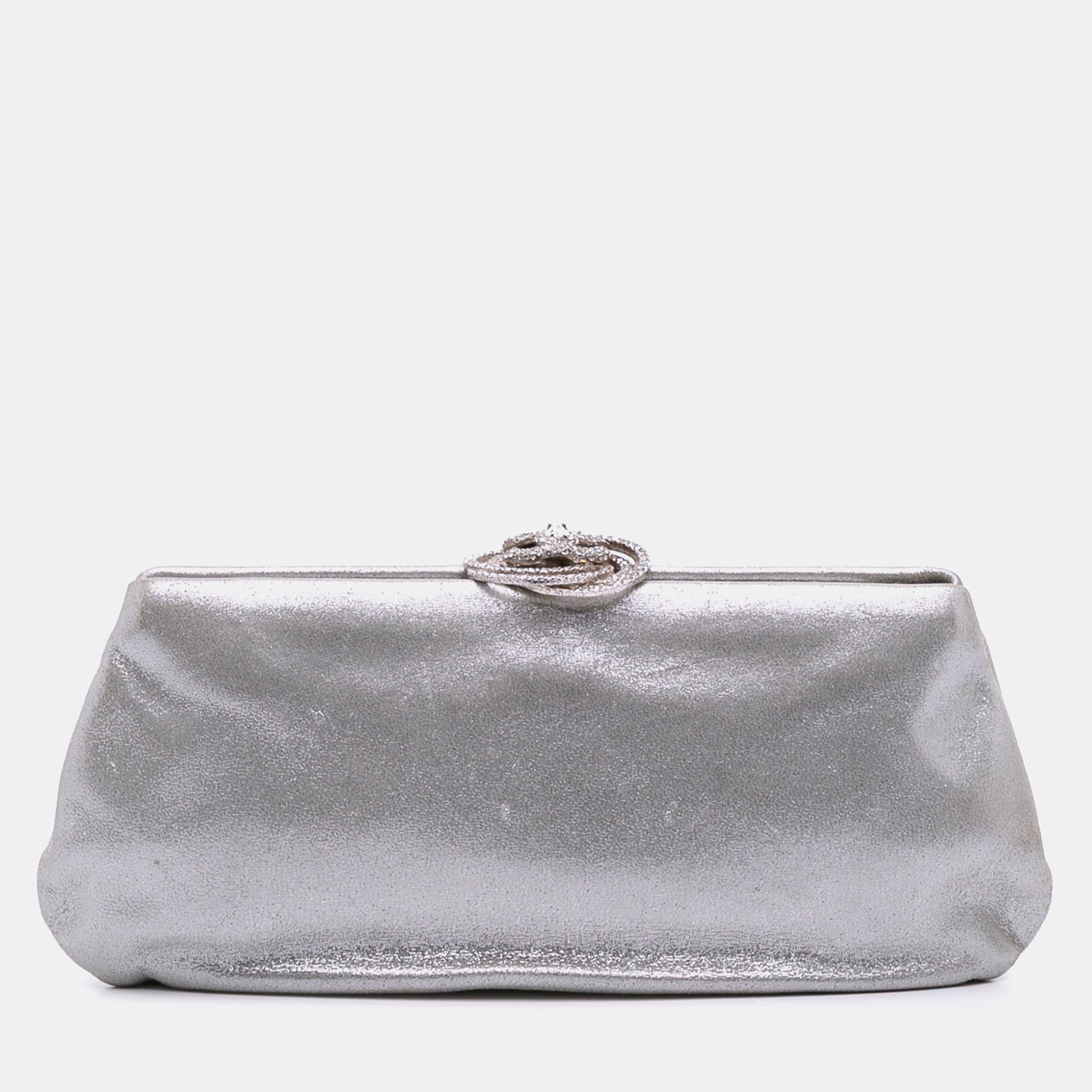

Chanel Silver Metallic Satin Crystal Camellia Evening Frame Clutch